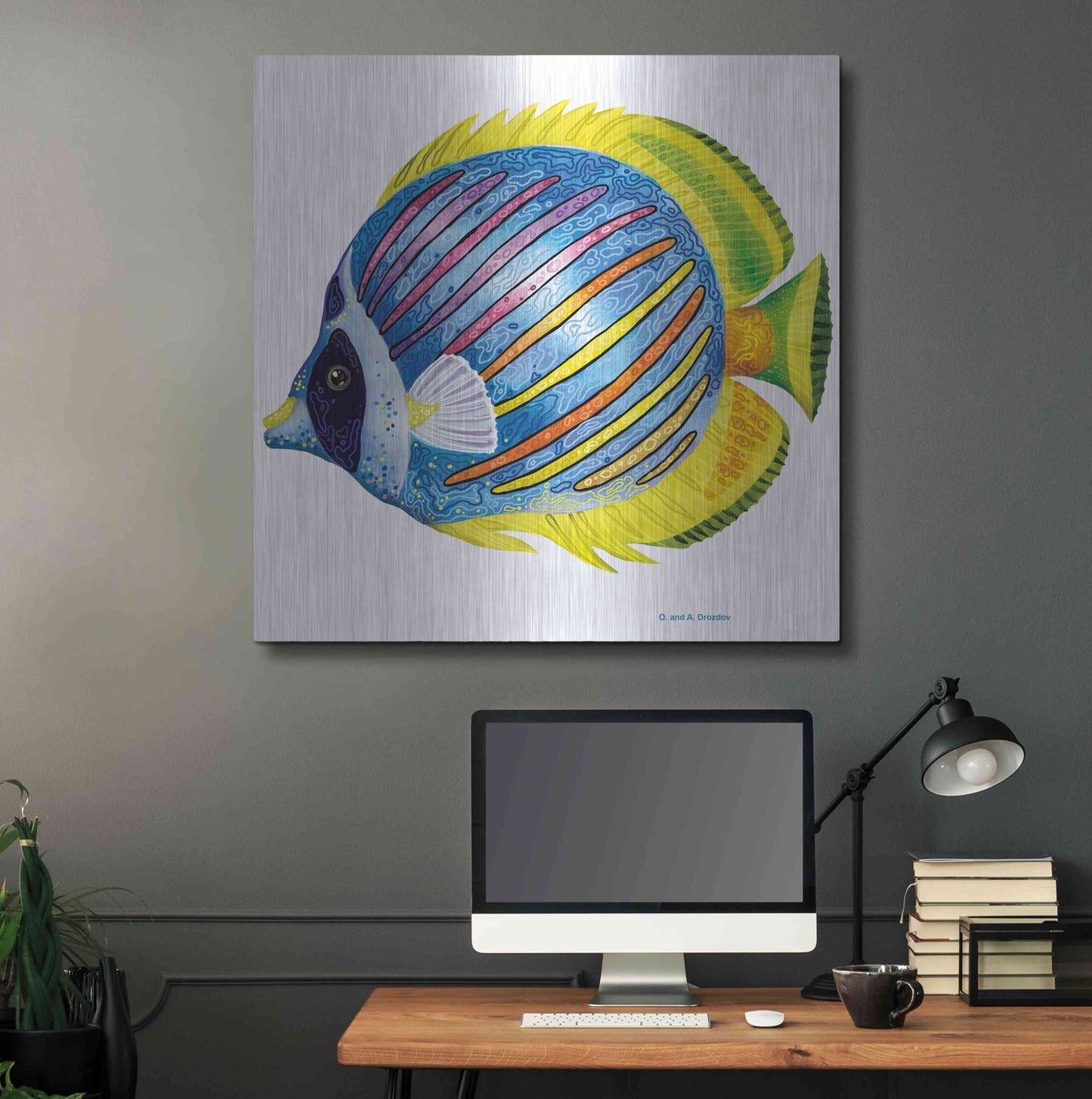 Luxe Metal Art 'Fish 1 Blue Yellow' by Olga and Alexey Drozdov, Metal Wall Art,36x36