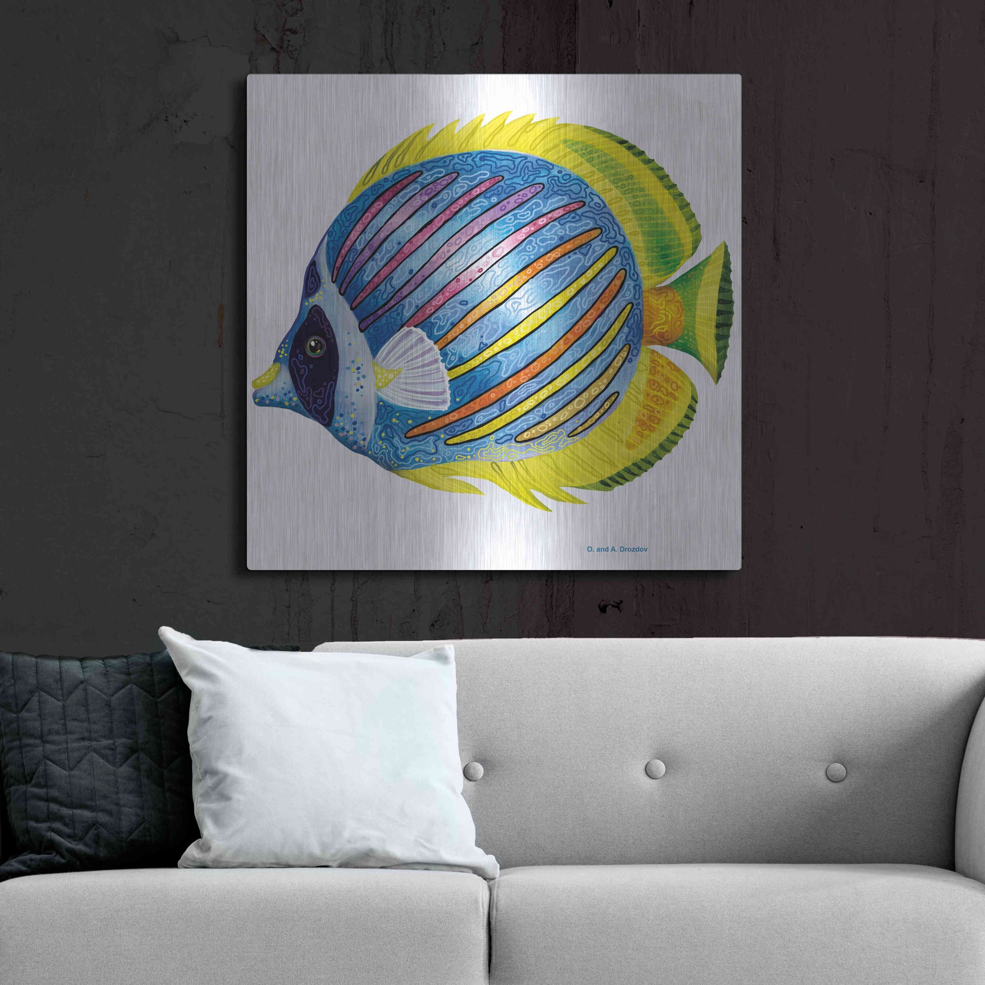 Luxe Metal Art 'Fish 1 Blue Yellow' by Olga and Alexey Drozdov, Metal Wall Art,36x36