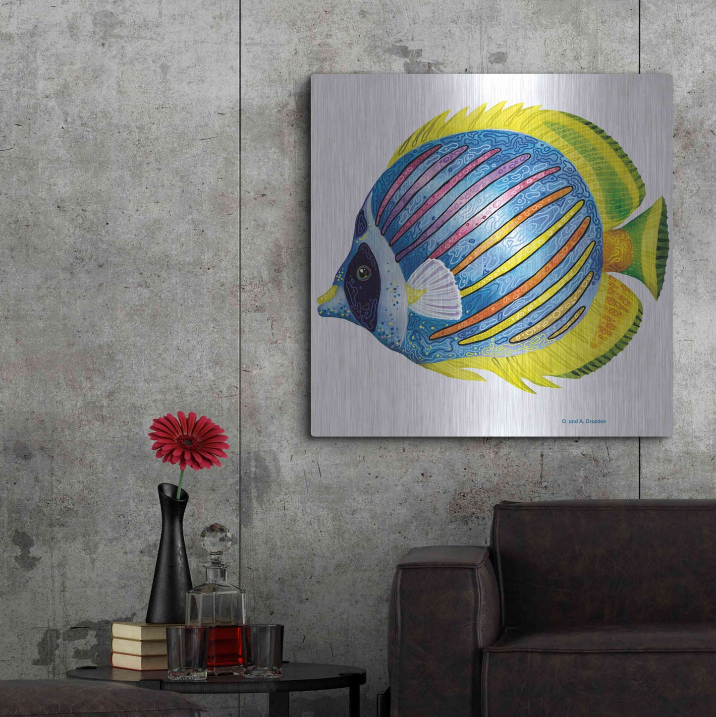 Luxe Metal Art 'Fish 1 Blue Yellow' by Olga and Alexey Drozdov, Metal Wall Art,36x36