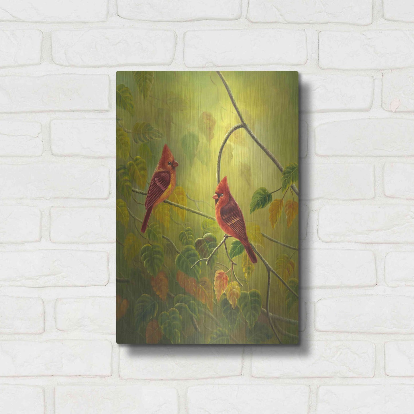 Luxe Metal Art 'Autumn Cardinals' by Patricia Feathers, Metal Wall Art,12x16