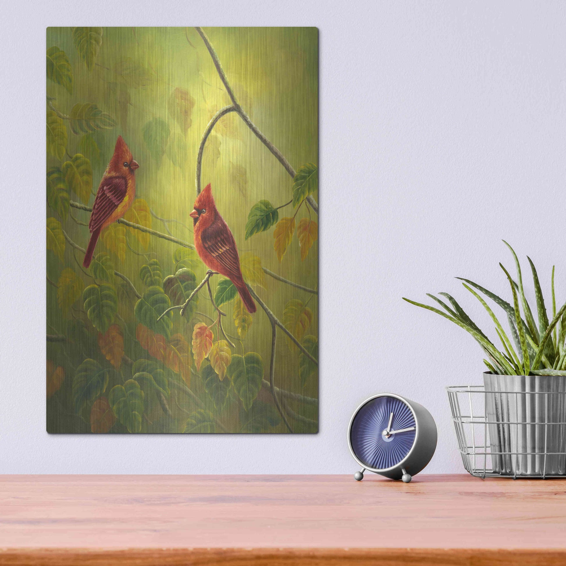 Luxe Metal Art 'Autumn Cardinals' by Patricia Feathers, Metal Wall Art,12x16