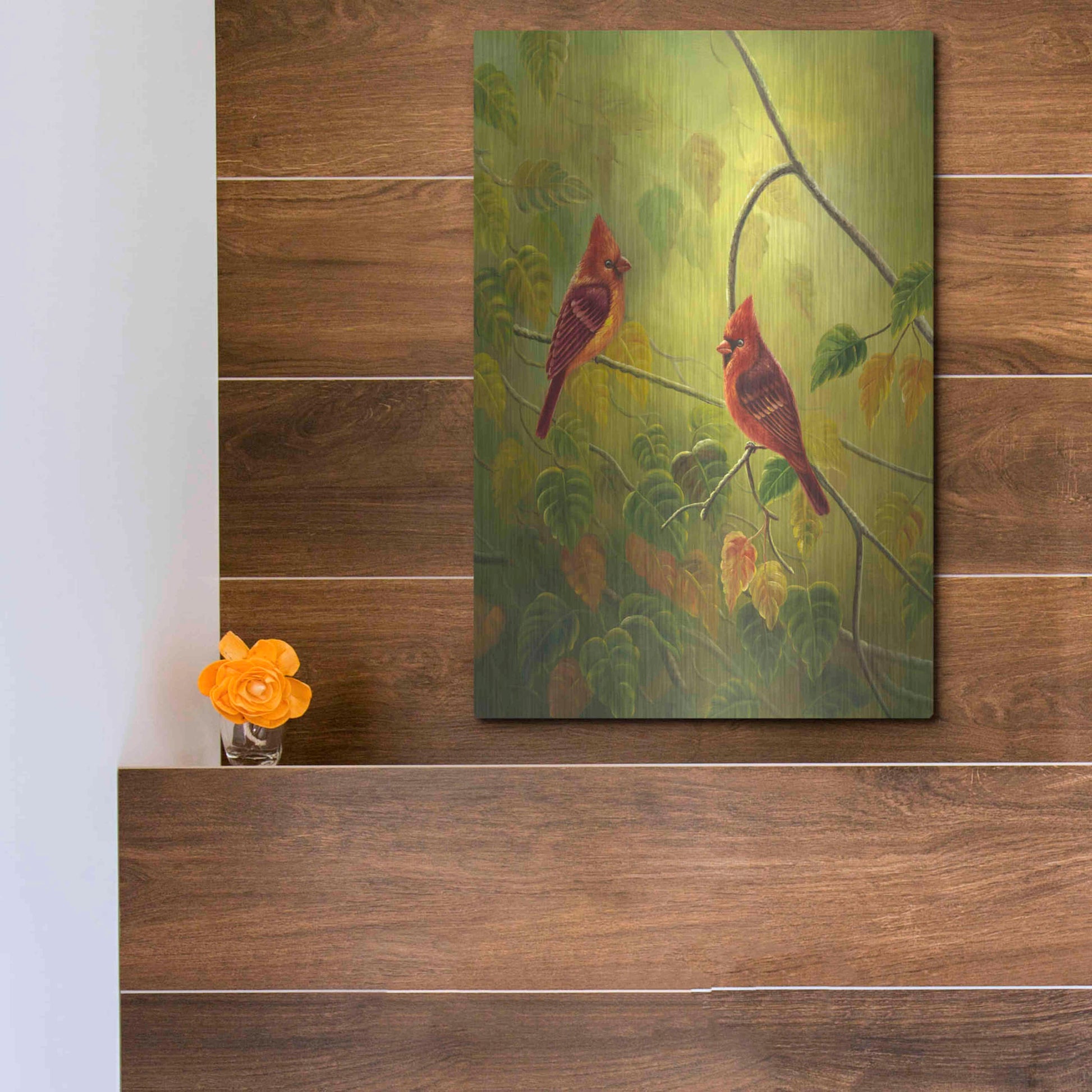 Luxe Metal Art 'Autumn Cardinals' by Patricia Feathers, Metal Wall Art,12x16