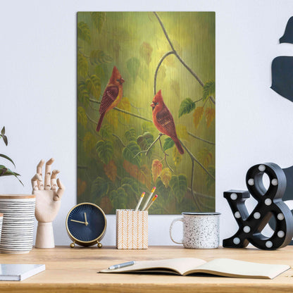 Luxe Metal Art 'Autumn Cardinals' by Patricia Feathers, Metal Wall Art,12x16