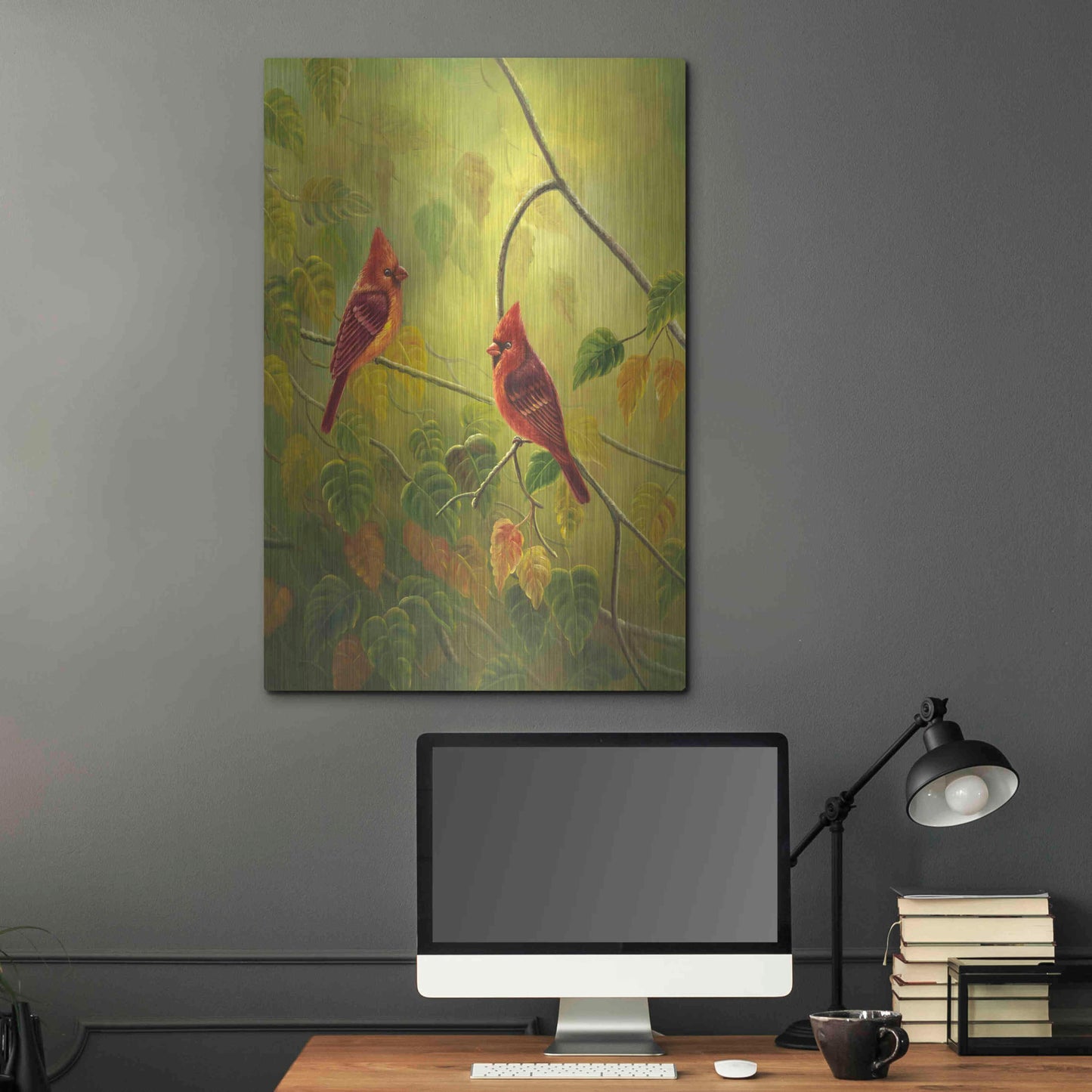 Luxe Metal Art 'Autumn Cardinals' by Patricia Feathers, Metal Wall Art,24x36