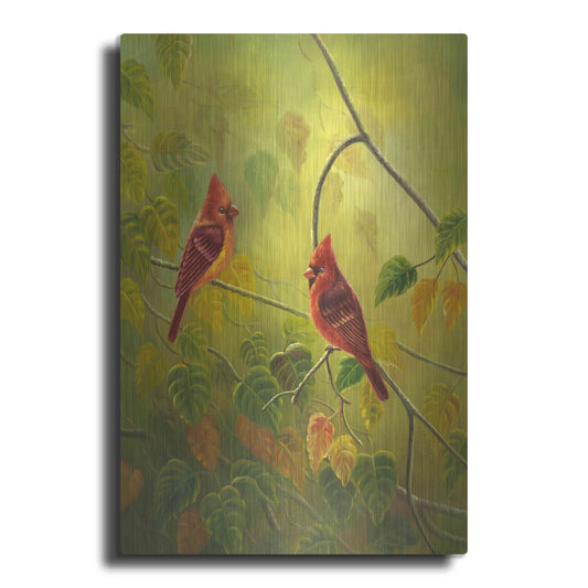 Luxe Metal Art 'Autumn Cardinals' by Patricia Feathers, Metal Wall Art