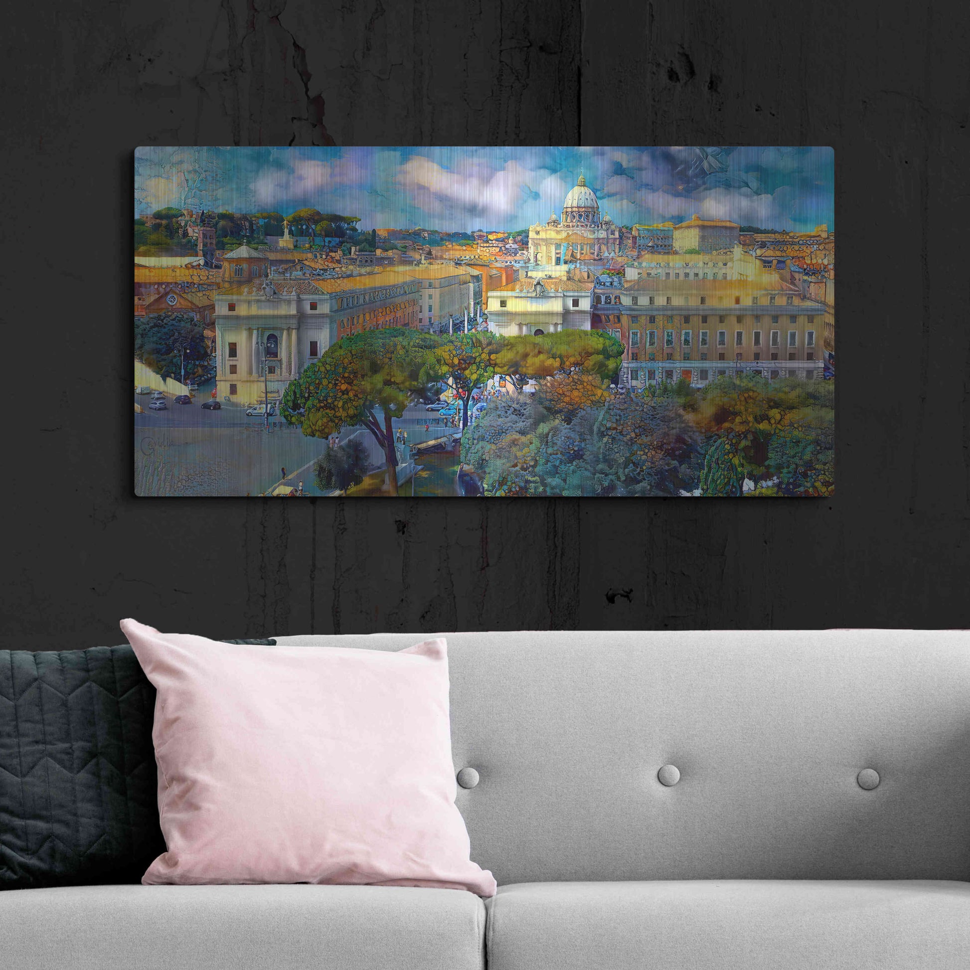 Luxe Metal Art 'Vaticano San Pedro from San Angelo' by Pedro Gavidia, Metal Wall Art,48x24