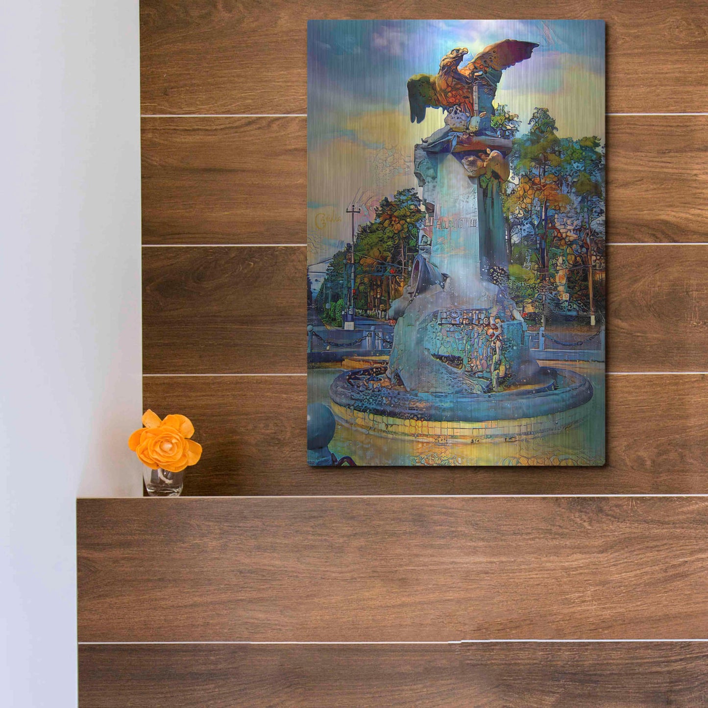 Luxe Metal Art 'Toluca Mexio Fountain Eagle Firmado' by Pedro Gavidia, Metal Wall Art,12x16