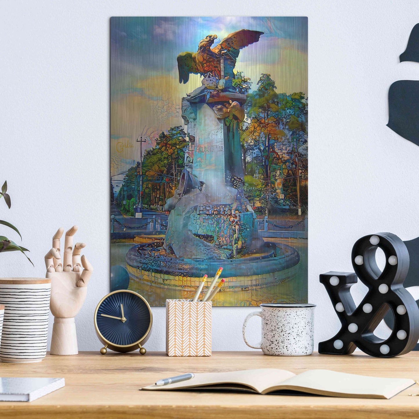 Luxe Metal Art 'Toluca Mexio Fountain Eagle Firmado' by Pedro Gavidia, Metal Wall Art,12x16