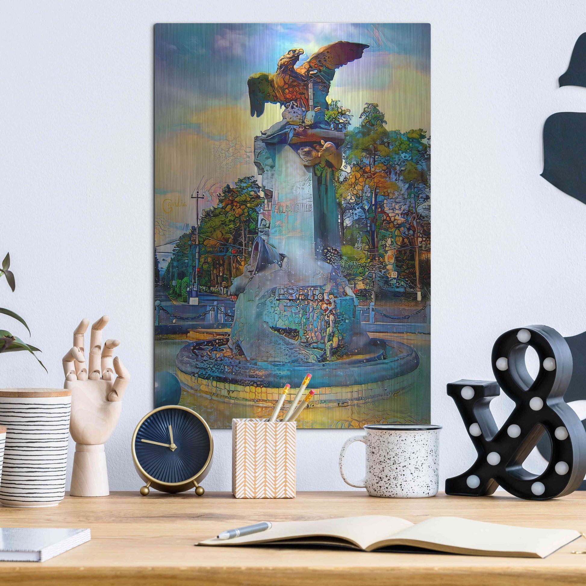 Luxe Metal Art 'Toluca Mexio Fountain Eagle Firmado' by Pedro Gavidia, Metal Wall Art,12x16