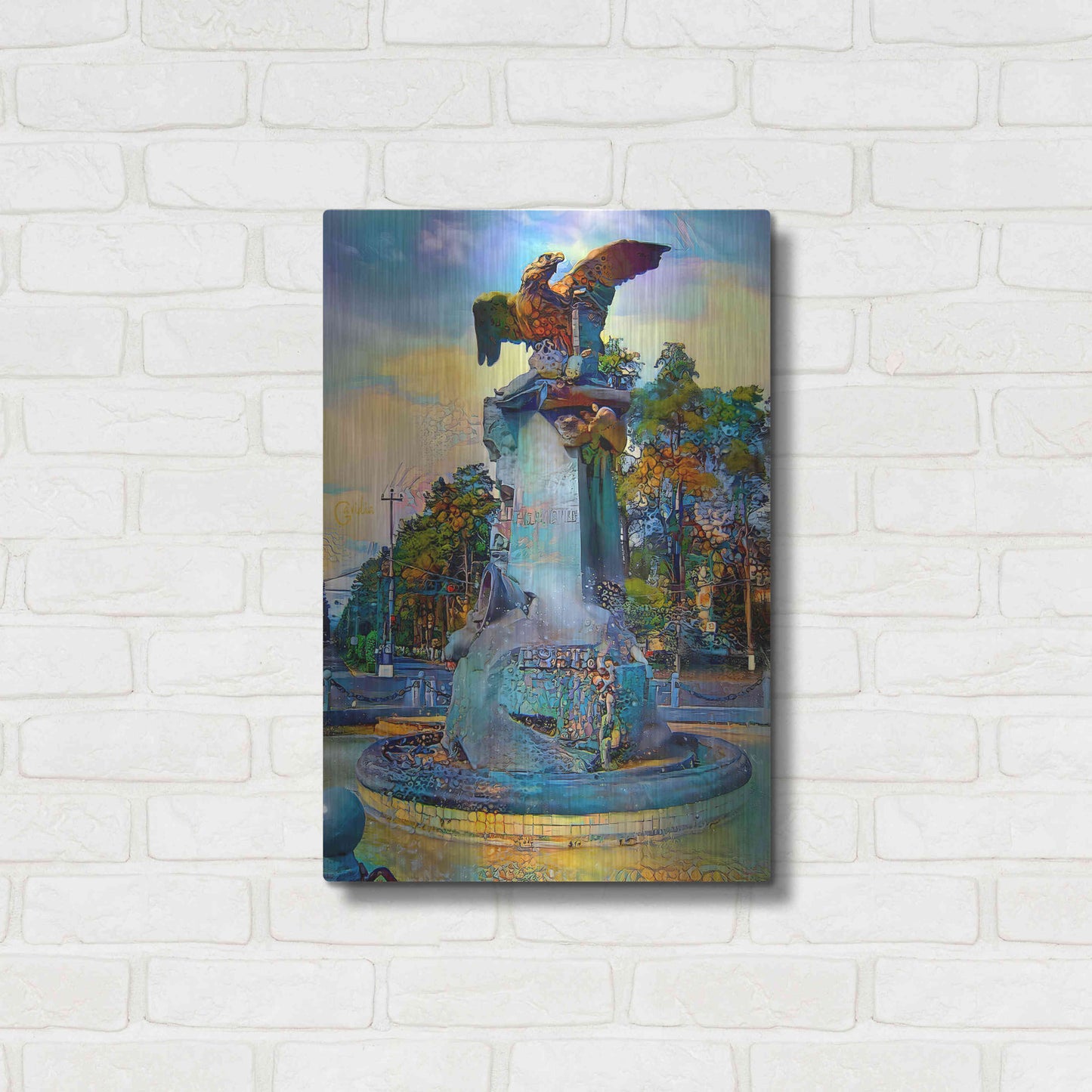Luxe Metal Art 'Toluca Mexio Fountain Eagle Firmado' by Pedro Gavidia, Metal Wall Art,16x24