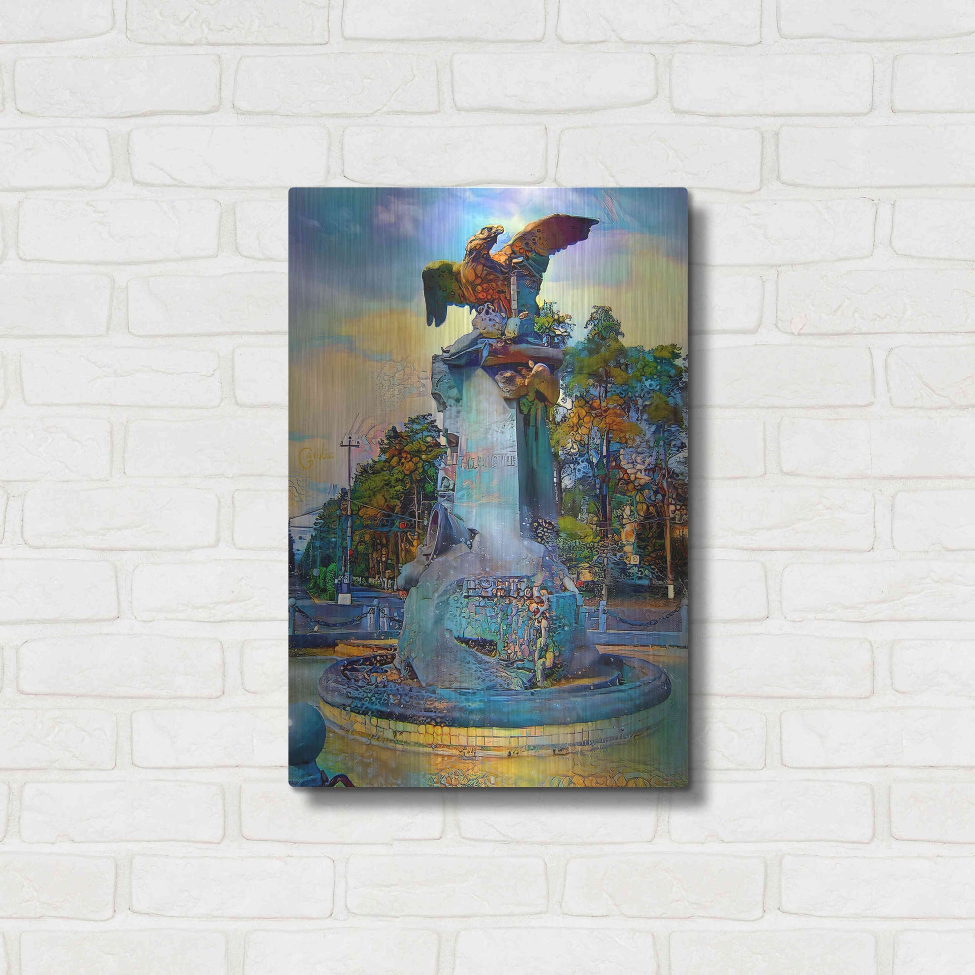 Luxe Metal Art 'Toluca Mexio Fountain Eagle Firmado' by Pedro Gavidia, Metal Wall Art,16x24