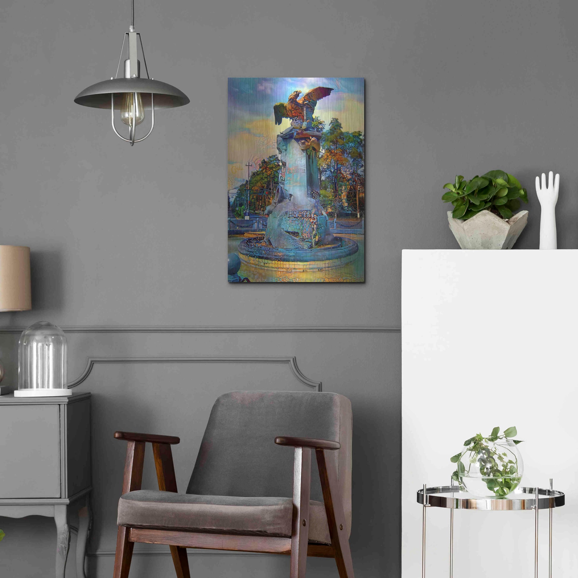 Luxe Metal Art 'Toluca Mexio Fountain Eagle Firmado' by Pedro Gavidia, Metal Wall Art,16x24