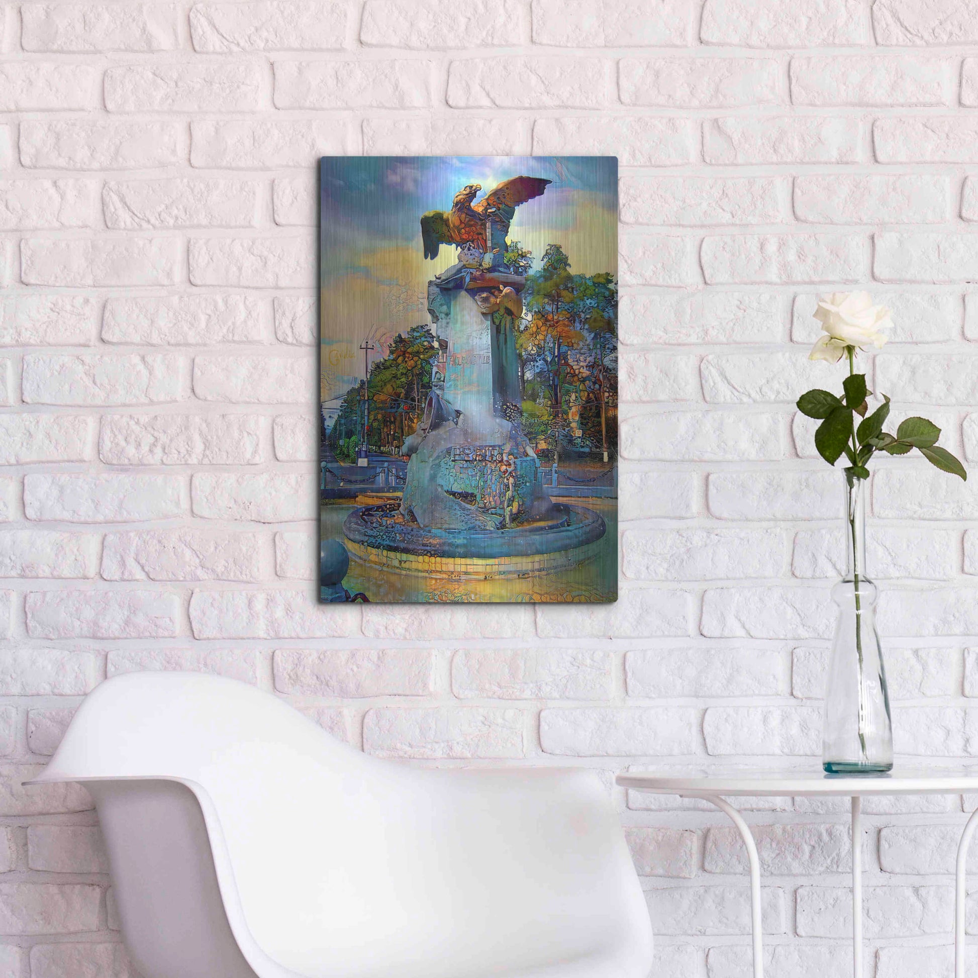 Luxe Metal Art 'Toluca Mexio Fountain Eagle Firmado' by Pedro Gavidia, Metal Wall Art,16x24