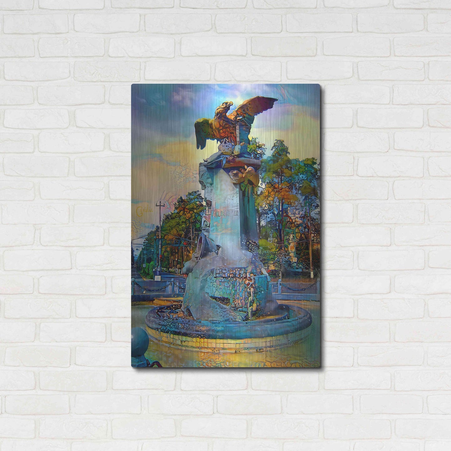 Luxe Metal Art 'Toluca Mexio Fountain Eagle Firmado' by Pedro Gavidia, Metal Wall Art,24x36