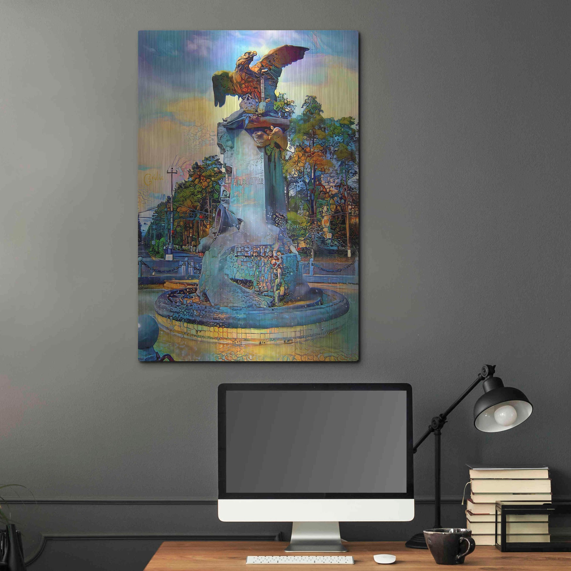 Luxe Metal Art 'Toluca Mexio Fountain Eagle Firmado' by Pedro Gavidia, Metal Wall Art,24x36