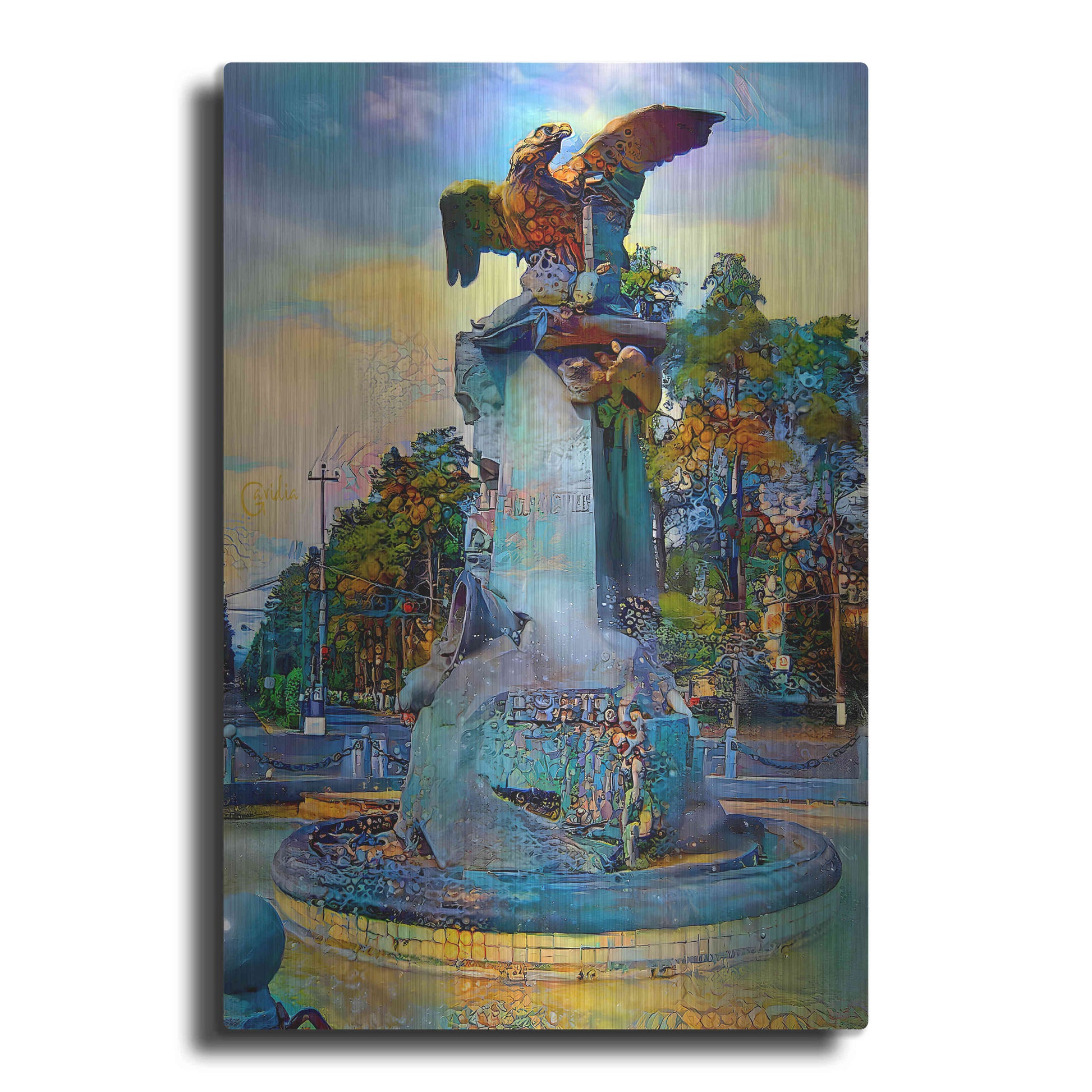 Luxe Metal Art 'Toluca Mexio Fountain Eagle Firmado' by Pedro Gavidia, Metal Wall Art