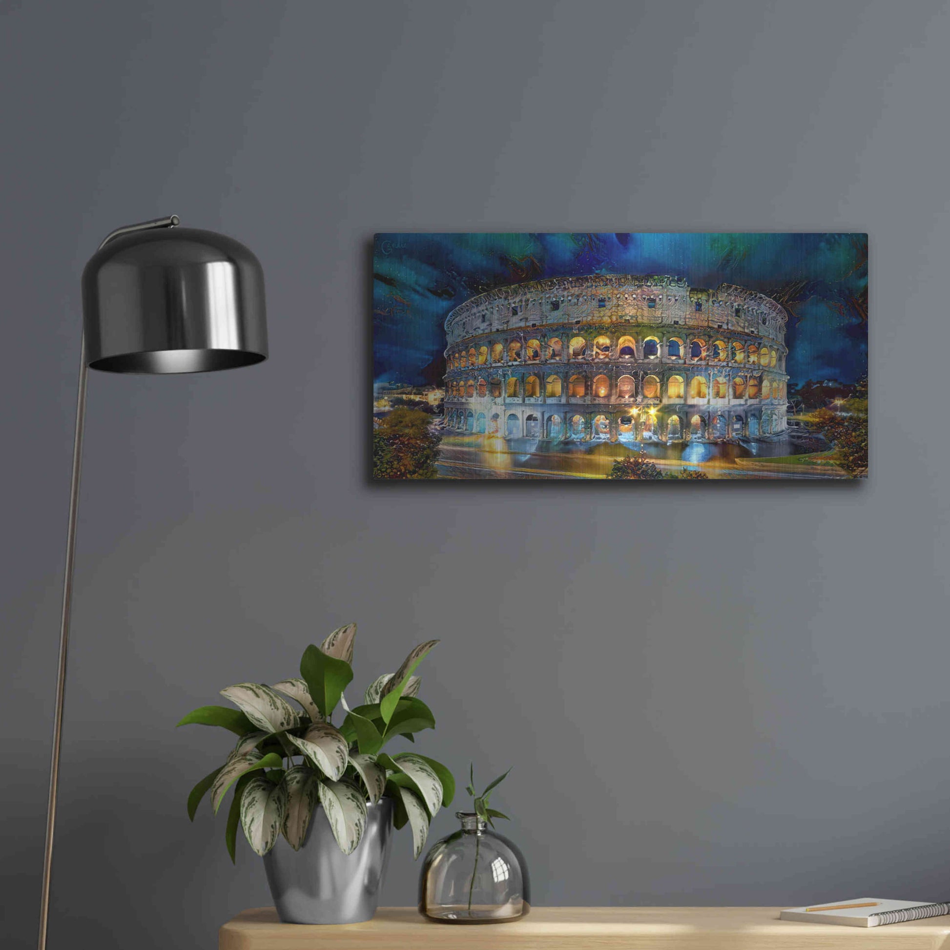 Luxe Metal Art 'Rome Italy Coliseo Night 2022' by Pedro Gavidia, Metal Wall Art,24x12