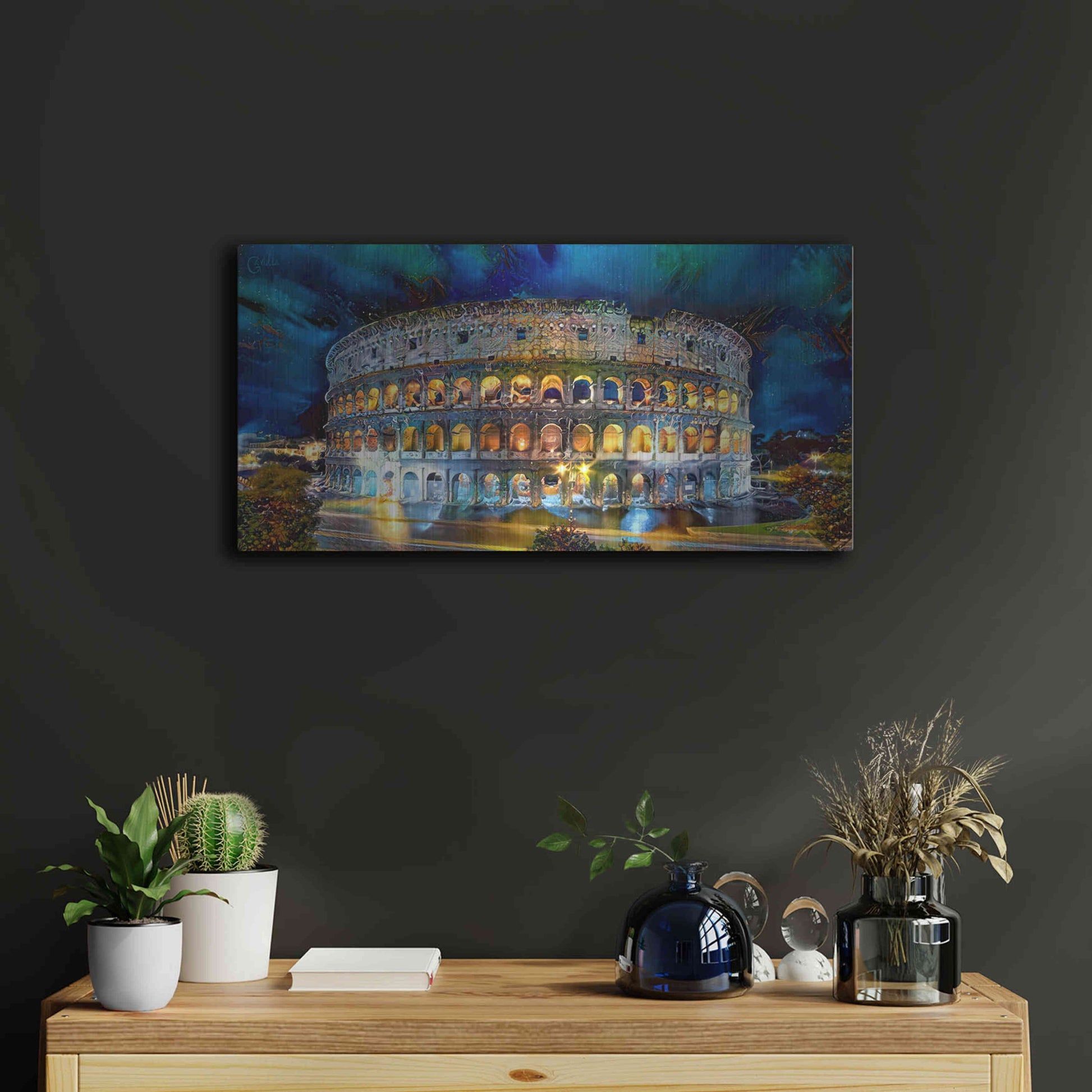 Luxe Metal Art 'Rome Italy Coliseo Night 2022' by Pedro Gavidia, Metal Wall Art,24x12