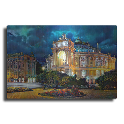 Luxe Metal Art 'Odessa Ukraine Opera and Ballet Theater Night' by Pedro Gavidia, Metal Wall Art