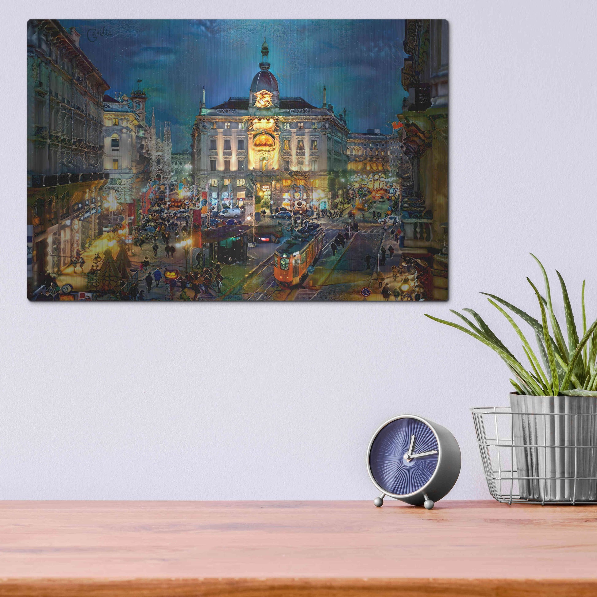Luxe Metal Art 'Milan Italy Piazza Cardusio Night' by Pedro Gavidia, Metal Wall Art,16x12