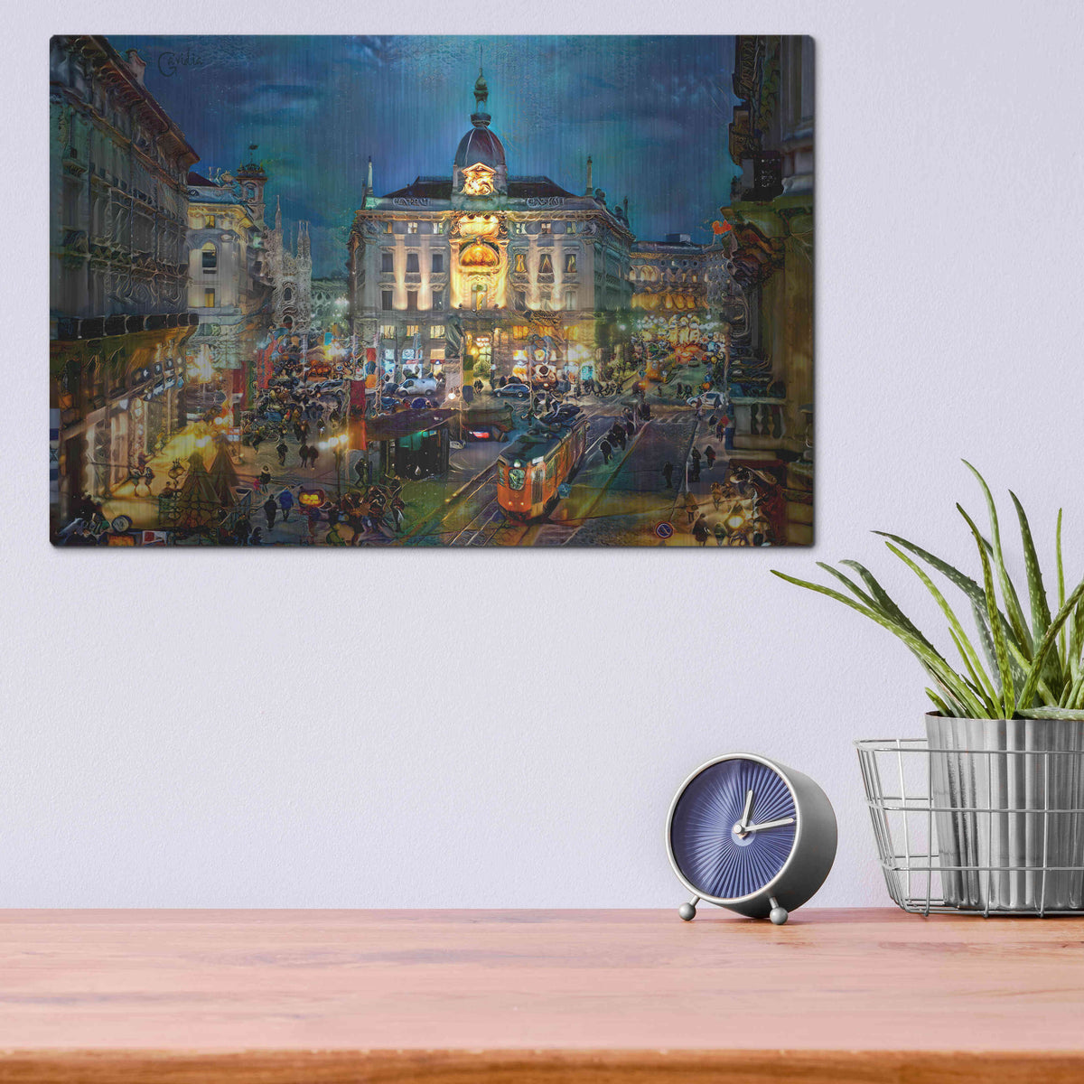 Luxe Metal Art 'Milan Italy Piazza Cardusio Night' by Pedro Gavidia, Metal Wall Art,16x12