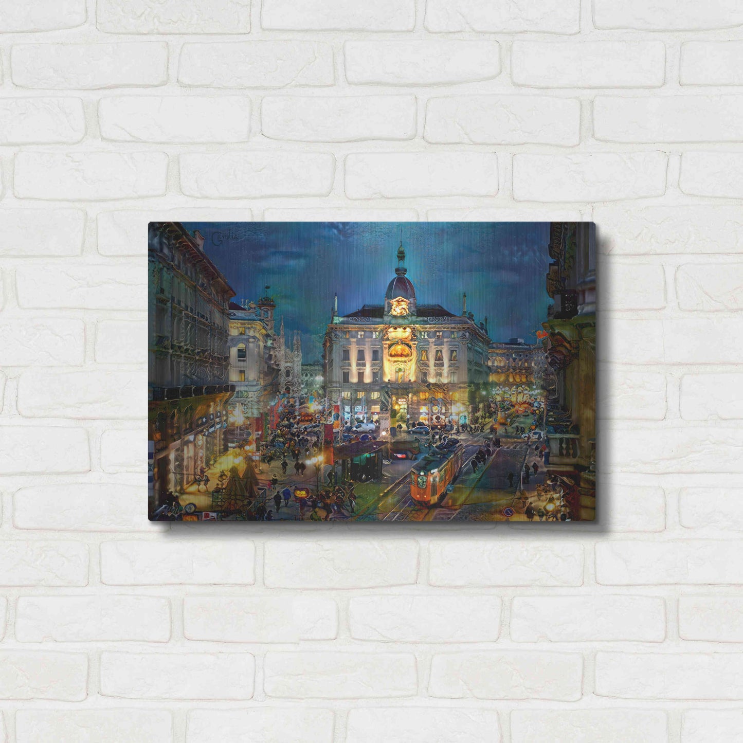 Luxe Metal Art 'Milan Italy Piazza Cardusio Night' by Pedro Gavidia, Metal Wall Art,24x16