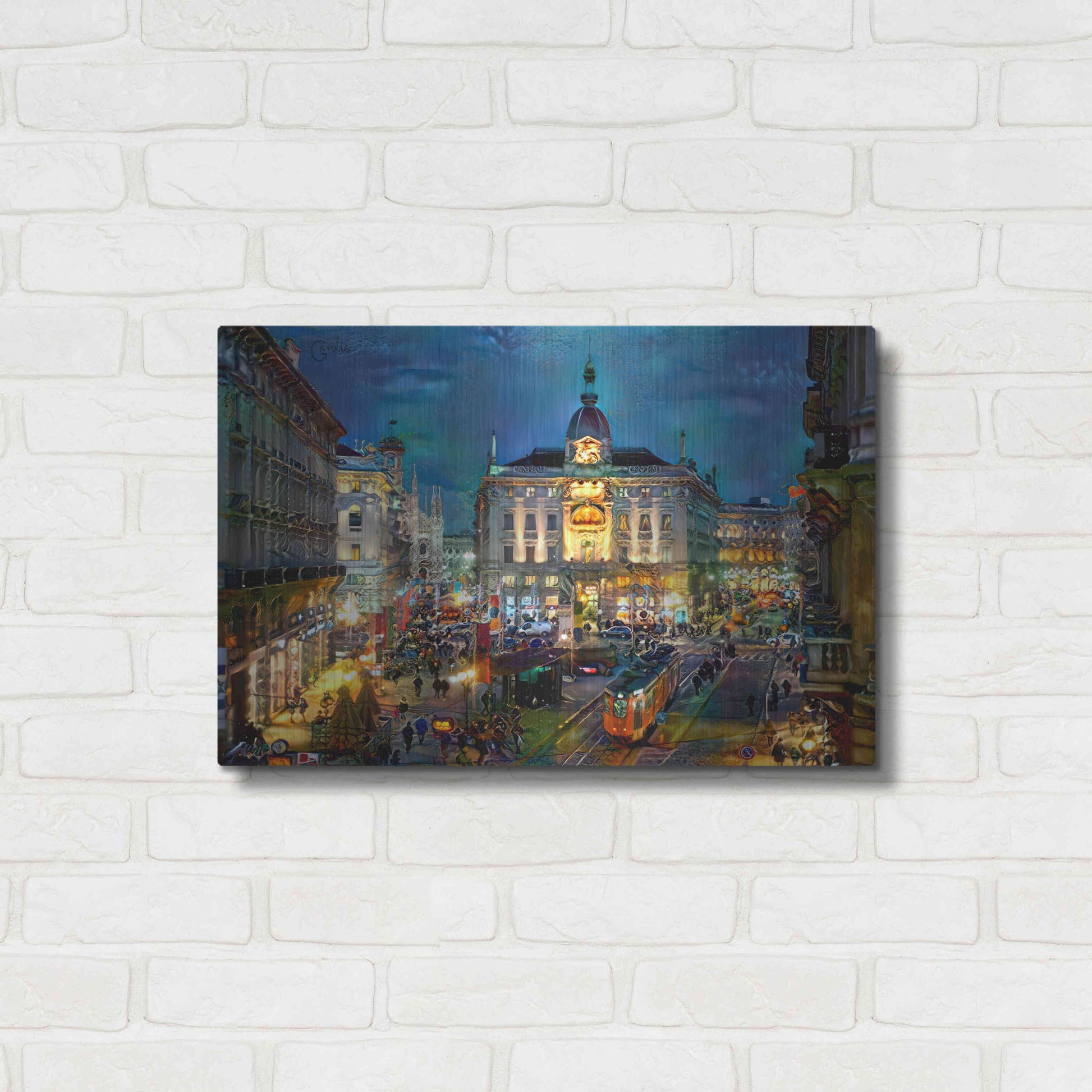 Luxe Metal Art 'Milan Italy Piazza Cardusio Night' by Pedro Gavidia, Metal Wall Art,24x16