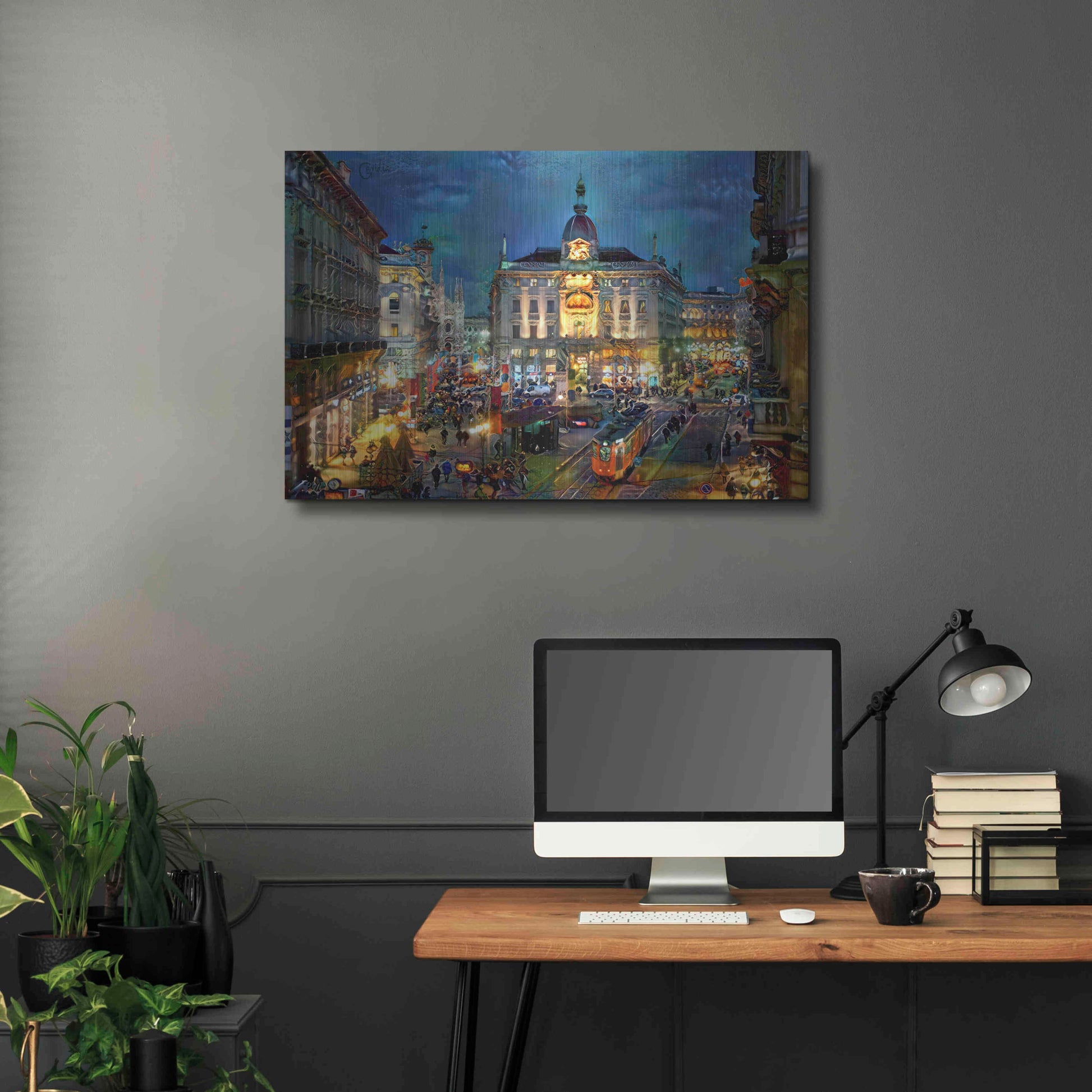 Luxe Metal Art 'Milan Italy Piazza Cardusio Night' by Pedro Gavidia, Metal Wall Art,36x24