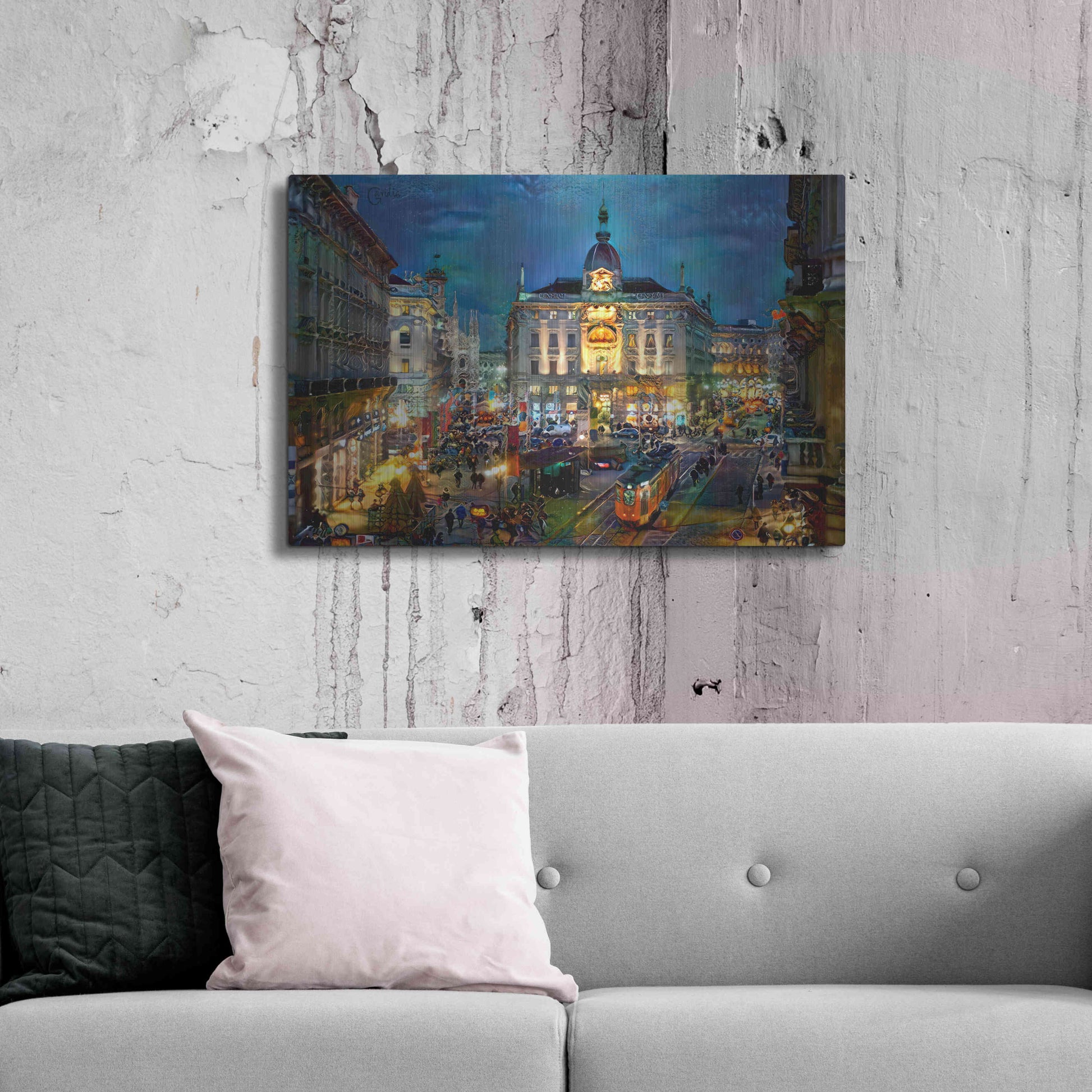 Luxe Metal Art 'Milan Italy Piazza Cardusio Night' by Pedro Gavidia, Metal Wall Art,36x24