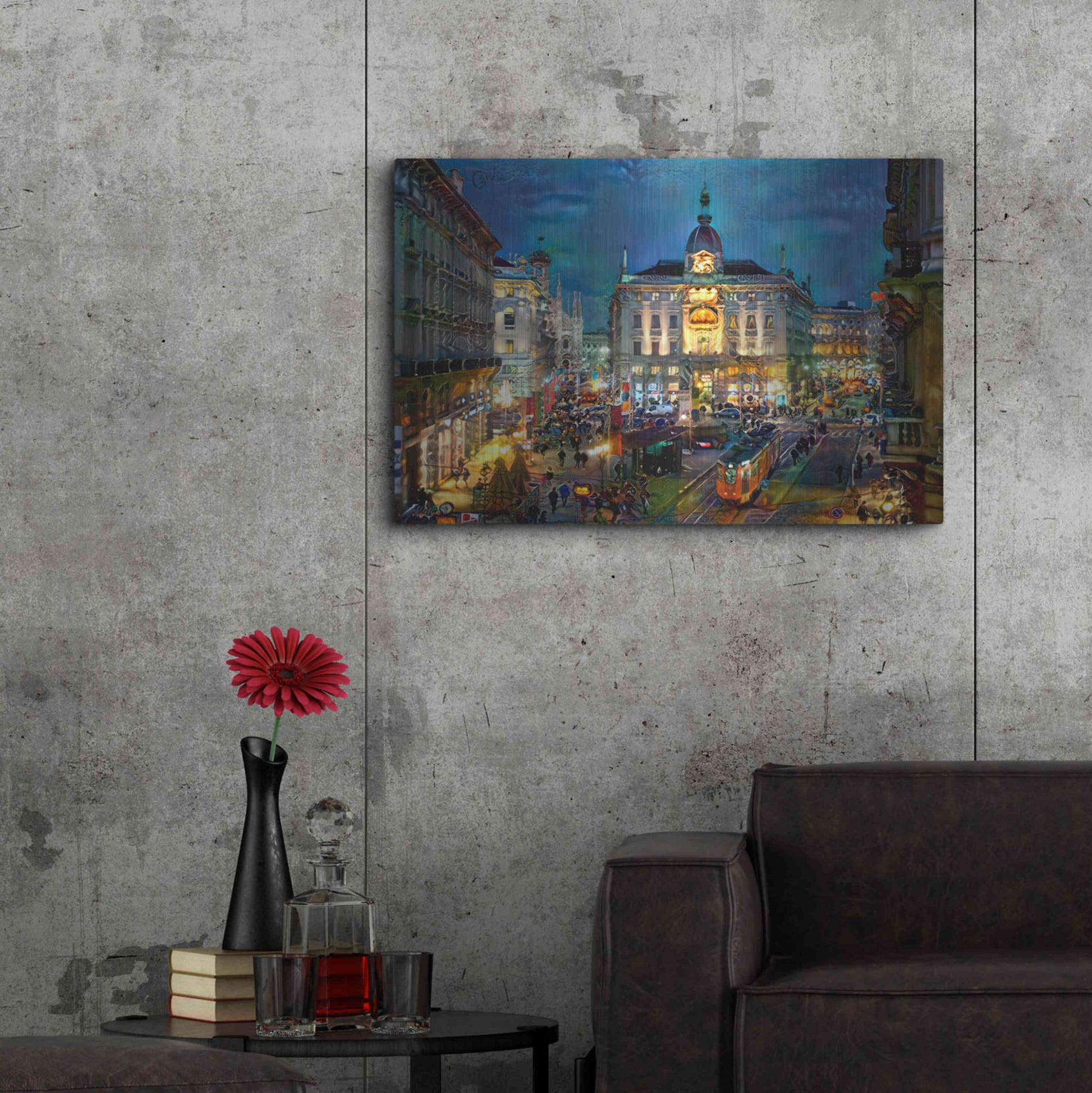 Luxe Metal Art 'Milan Italy Piazza Cardusio Night' by Pedro Gavidia, Metal Wall Art,36x24