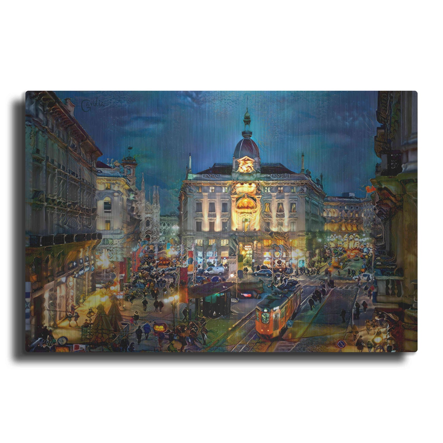 Luxe Metal Art 'Milan Italy Piazza Cardusio Night' by Pedro Gavidia, Metal Wall Art