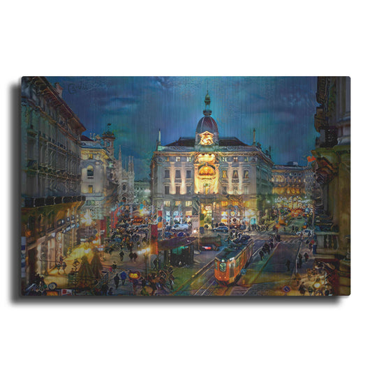 Luxe Metal Art 'Milan Italy Piazza Cardusio Night' by Pedro Gavidia, Metal Wall Art