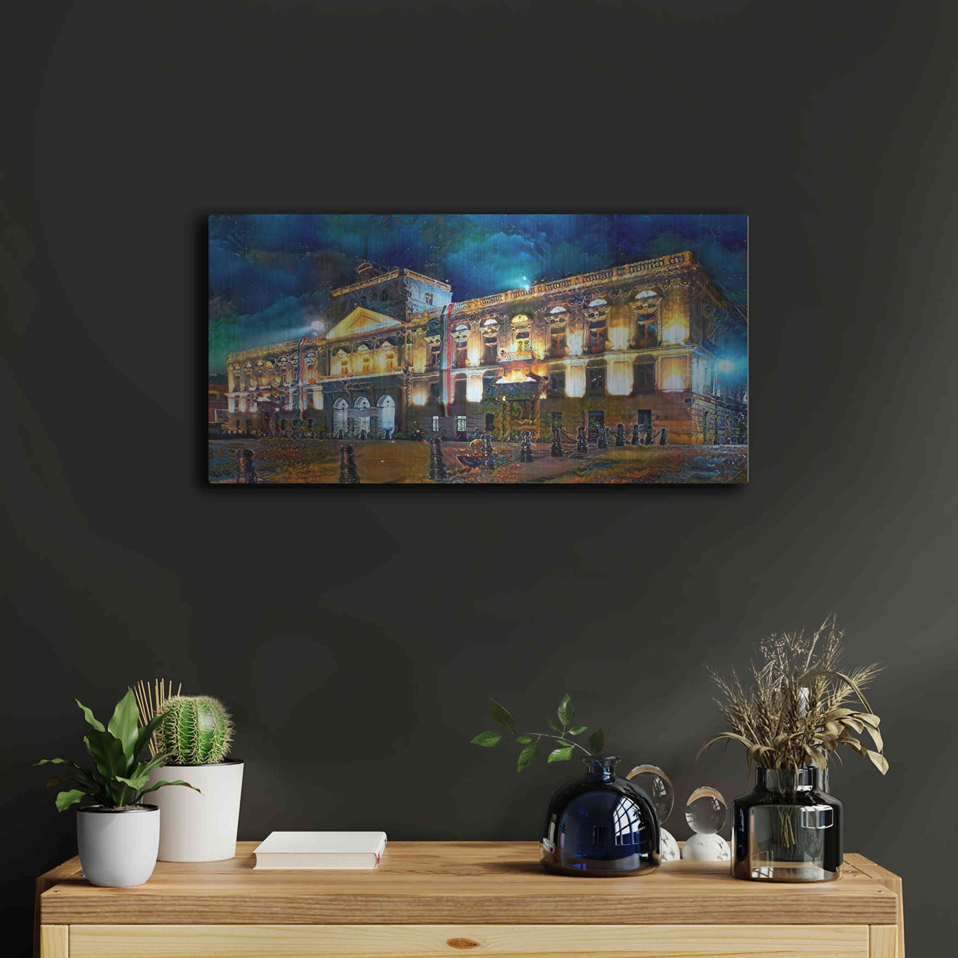 Luxe Metal Art 'Mexico City Palace of Mines Night' by Pedro Gavidia, Metal Wall Art,24x12