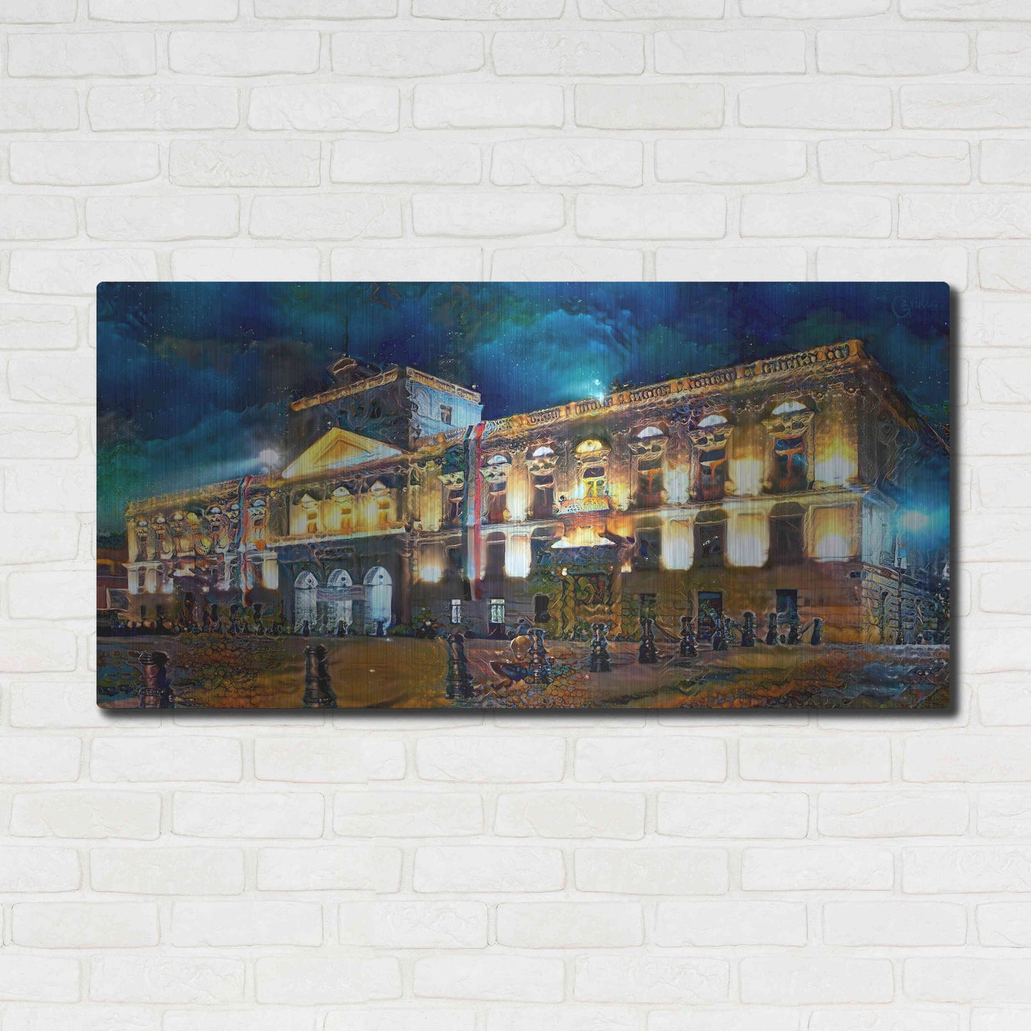 Luxe Metal Art 'Mexico City Palace of Mines Night' by Pedro Gavidia, Metal Wall Art,48x24