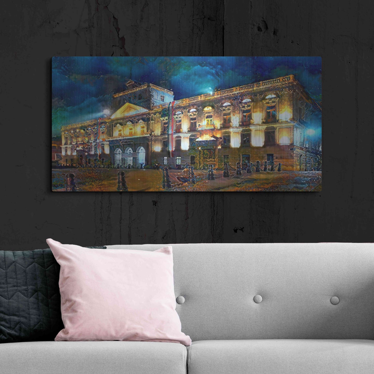Luxe Metal Art 'Mexico City Palace of Mines Night' by Pedro Gavidia, Metal Wall Art,48x24