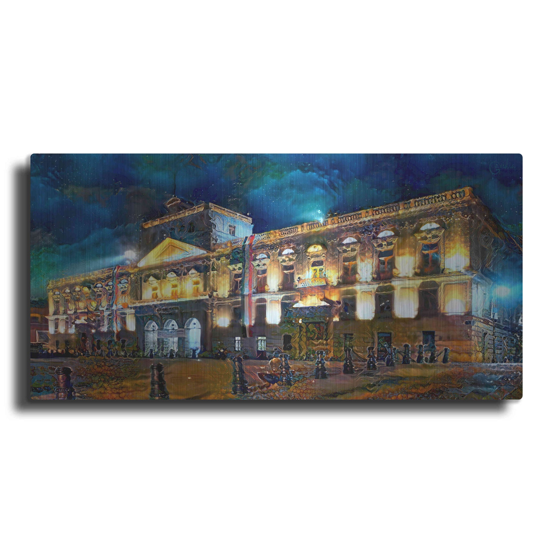 Luxe Metal Art 'Mexico City Palace of Mines Night' by Pedro Gavidia, Metal Wall Art