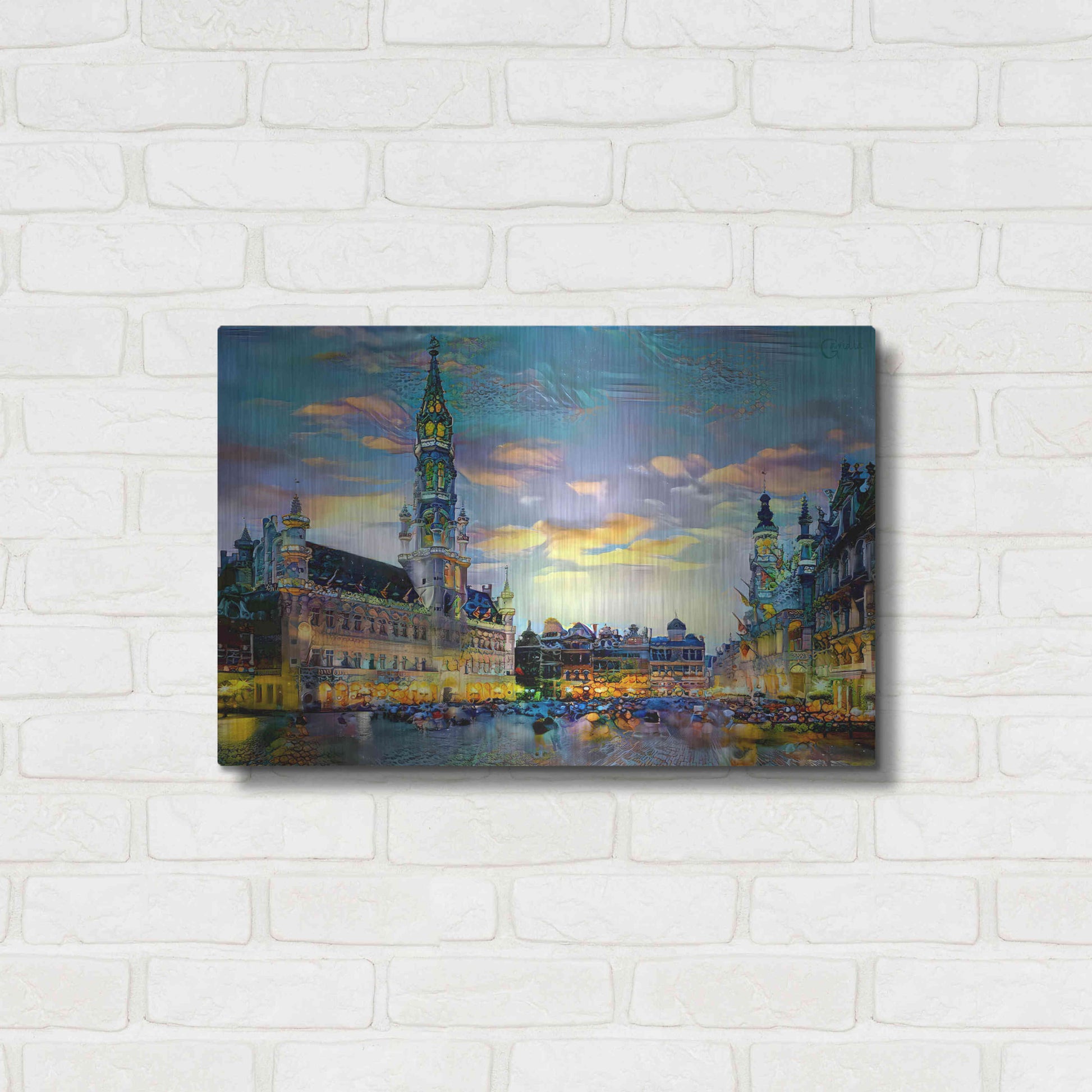 Luxe Metal Art 'Brussels Belgium Night' by Pedro Gavidia, Metal Wall Art,24x16