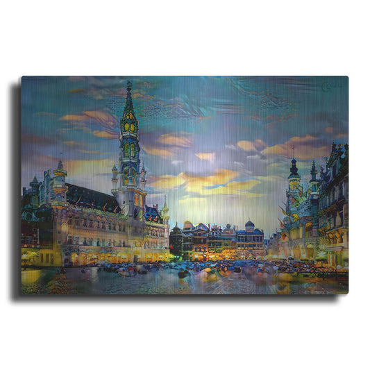 Luxe Metal Art 'Brussels Belgium Night' by Pedro Gavidia, Metal Wall Art