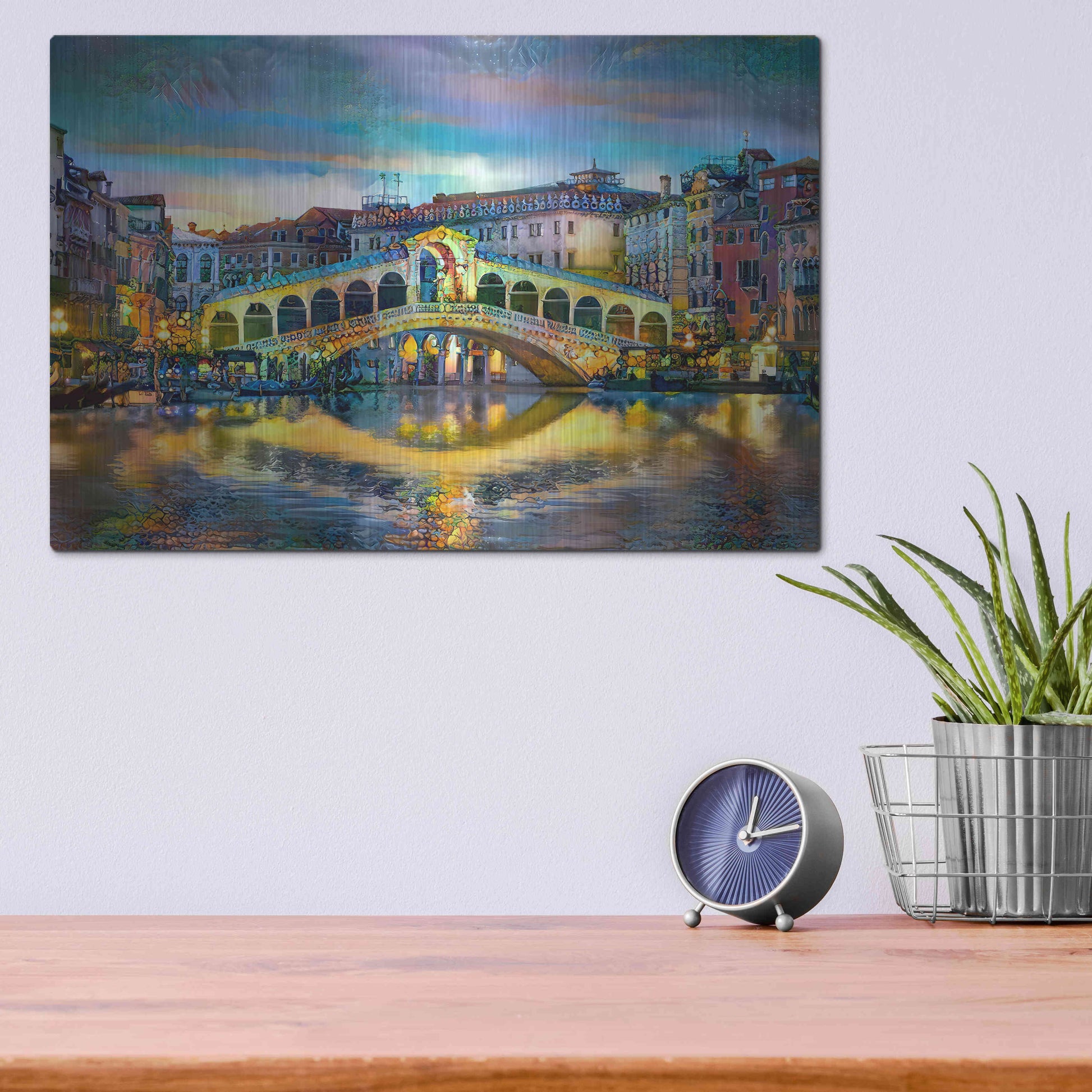 Luxe Metal Art 'Venice Italy Rialto Bridge at night' by Pedro Gavidia, Metal Wall Art,16x12