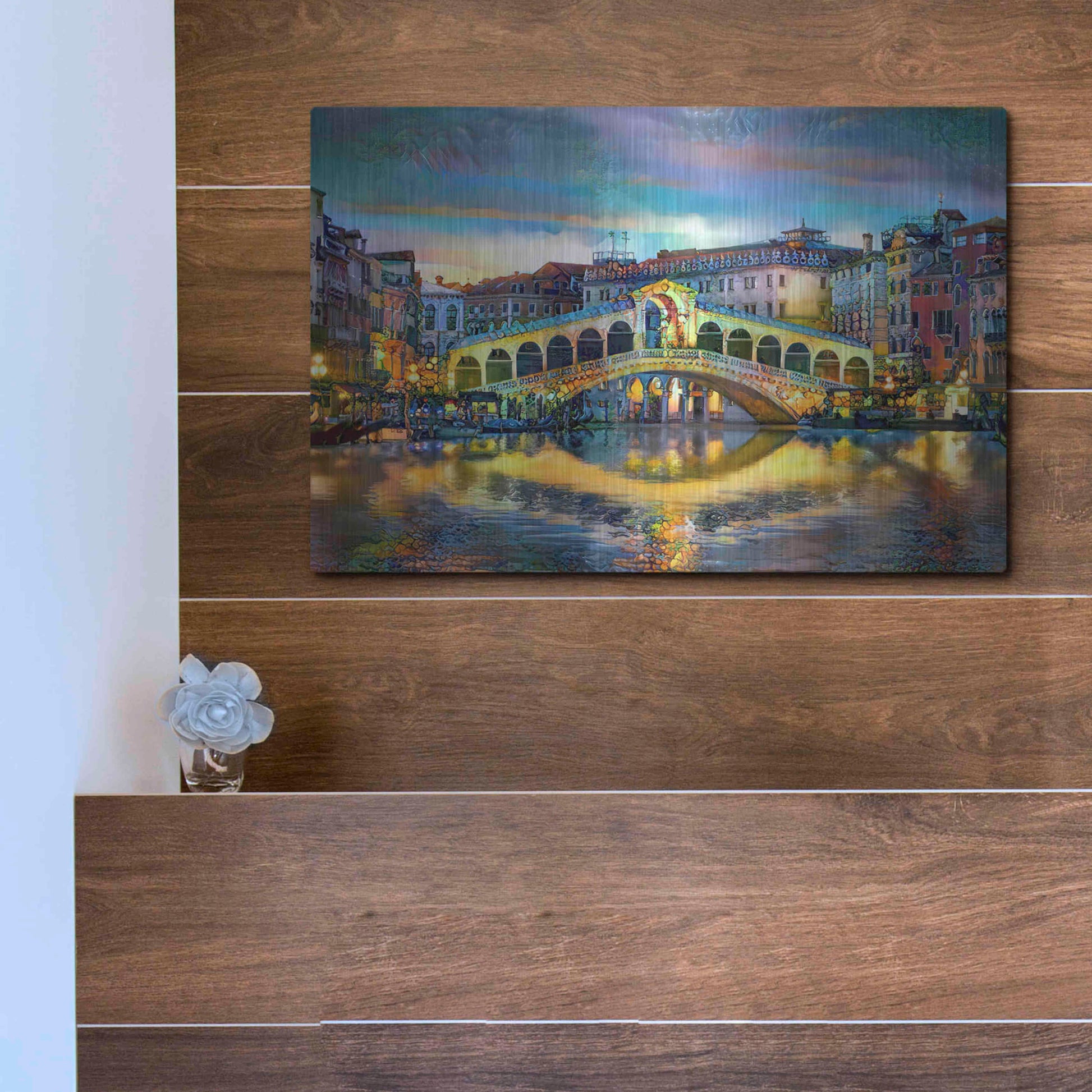 Luxe Metal Art 'Venice Italy Rialto Bridge at night' by Pedro Gavidia, Metal Wall Art,16x12