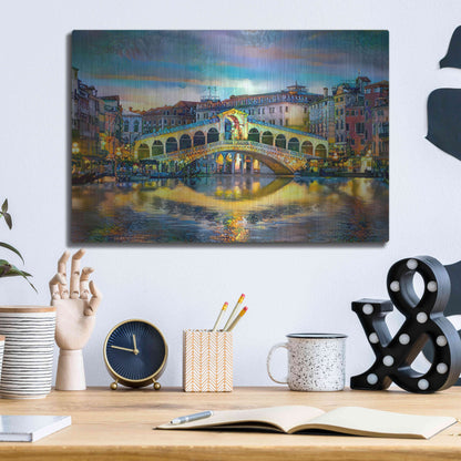 Luxe Metal Art 'Venice Italy Rialto Bridge at night' by Pedro Gavidia, Metal Wall Art,16x12