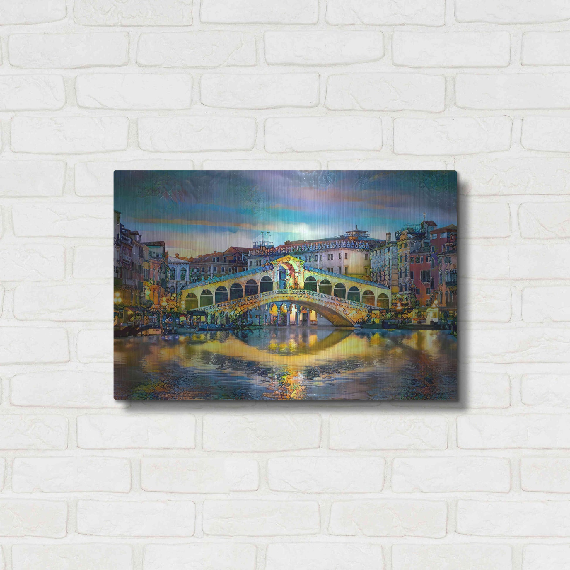 Luxe Metal Art 'Venice Italy Rialto Bridge at night' by Pedro Gavidia, Metal Wall Art,24x16