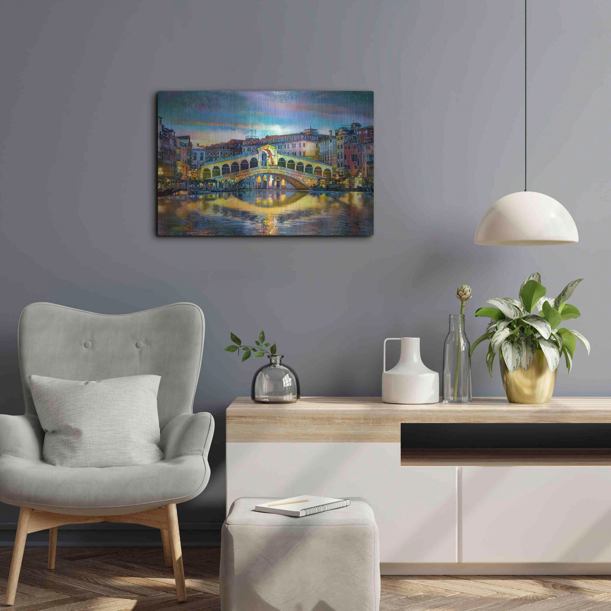 Luxe Metal Art 'Venice Italy Rialto Bridge at night' by Pedro Gavidia, Metal Wall Art,24x16