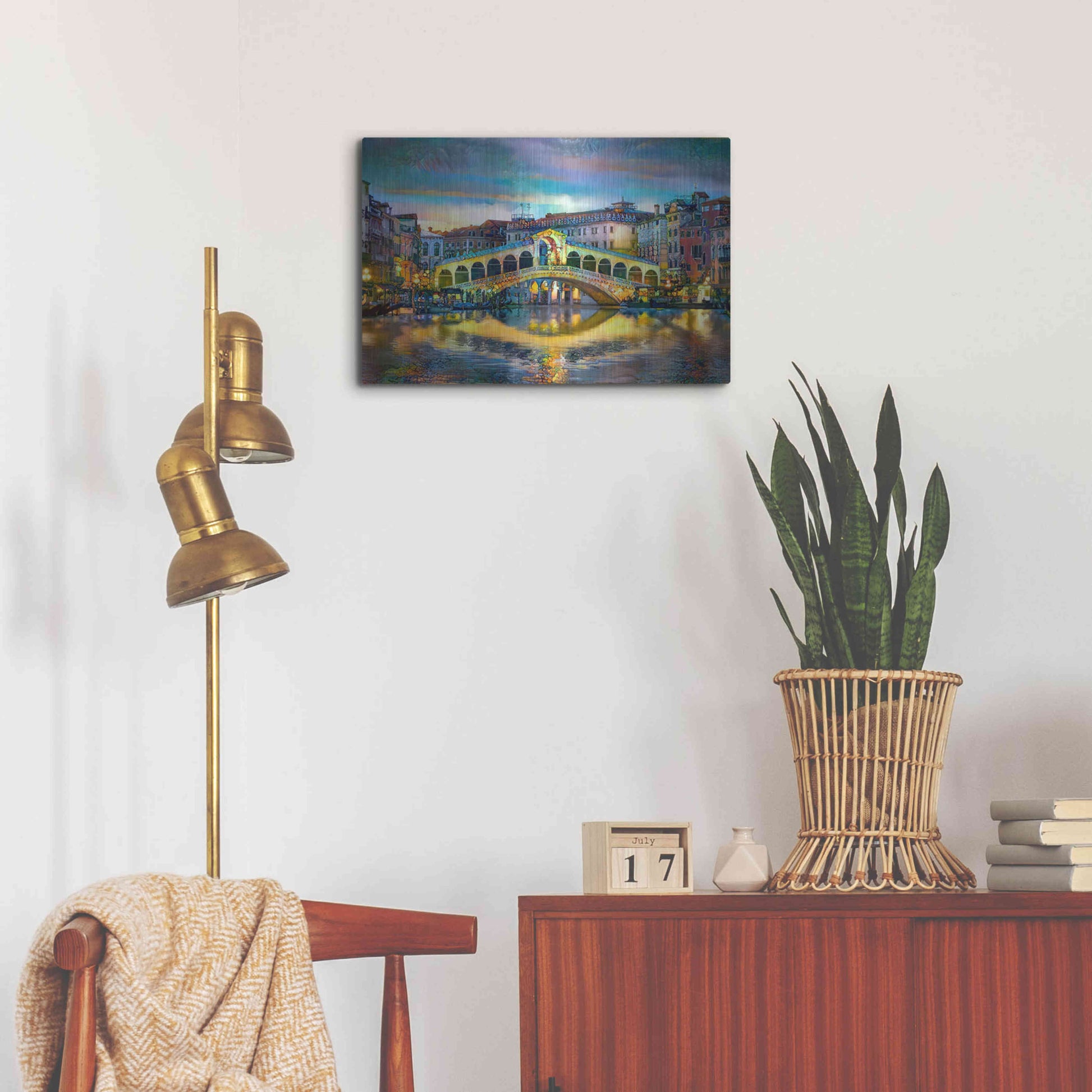 Luxe Metal Art 'Venice Italy Rialto Bridge at night' by Pedro Gavidia, Metal Wall Art,24x16