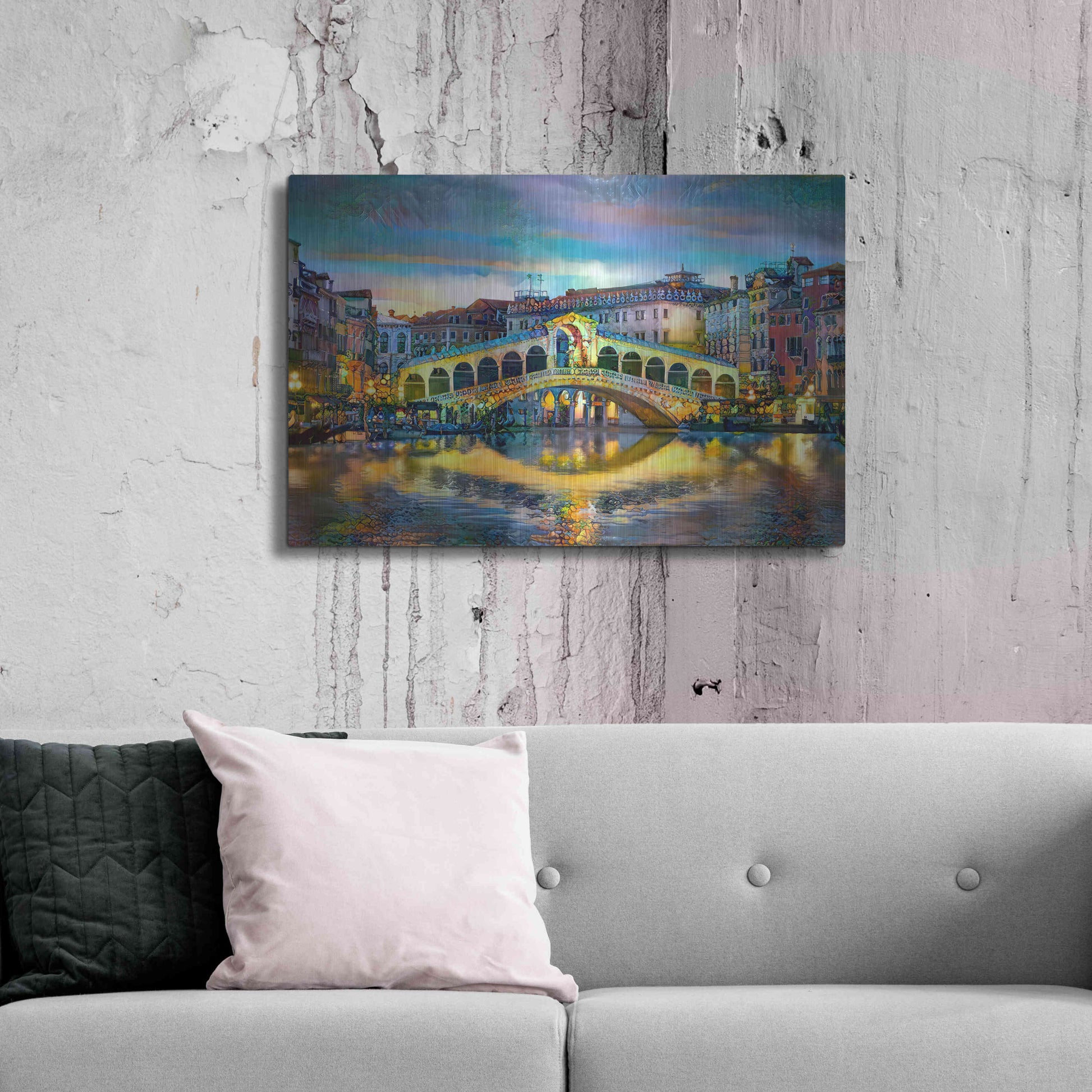 Luxe Metal Art 'Venice Italy Rialto Bridge at night' by Pedro Gavidia, Metal Wall Art,36x24