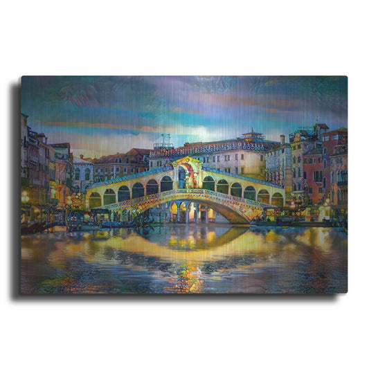 Luxe Metal Art 'Venice Italy Rialto Bridge at night' by Pedro Gavidia, Metal Wall Art