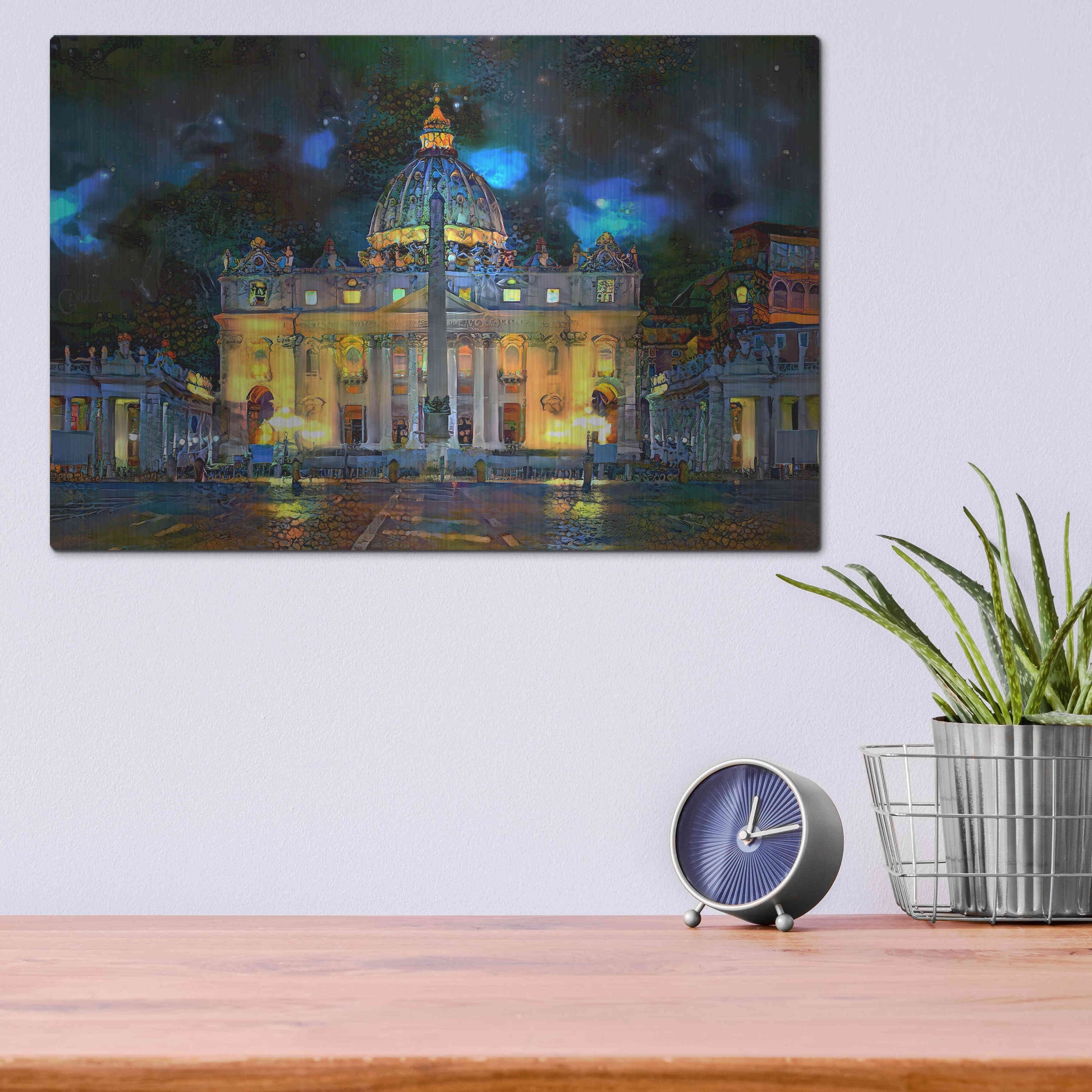 Luxe Metal Art 'Vatican City Saint Peter Basilica at night' by Pedro Gavidia, Metal Wall Art,16x12