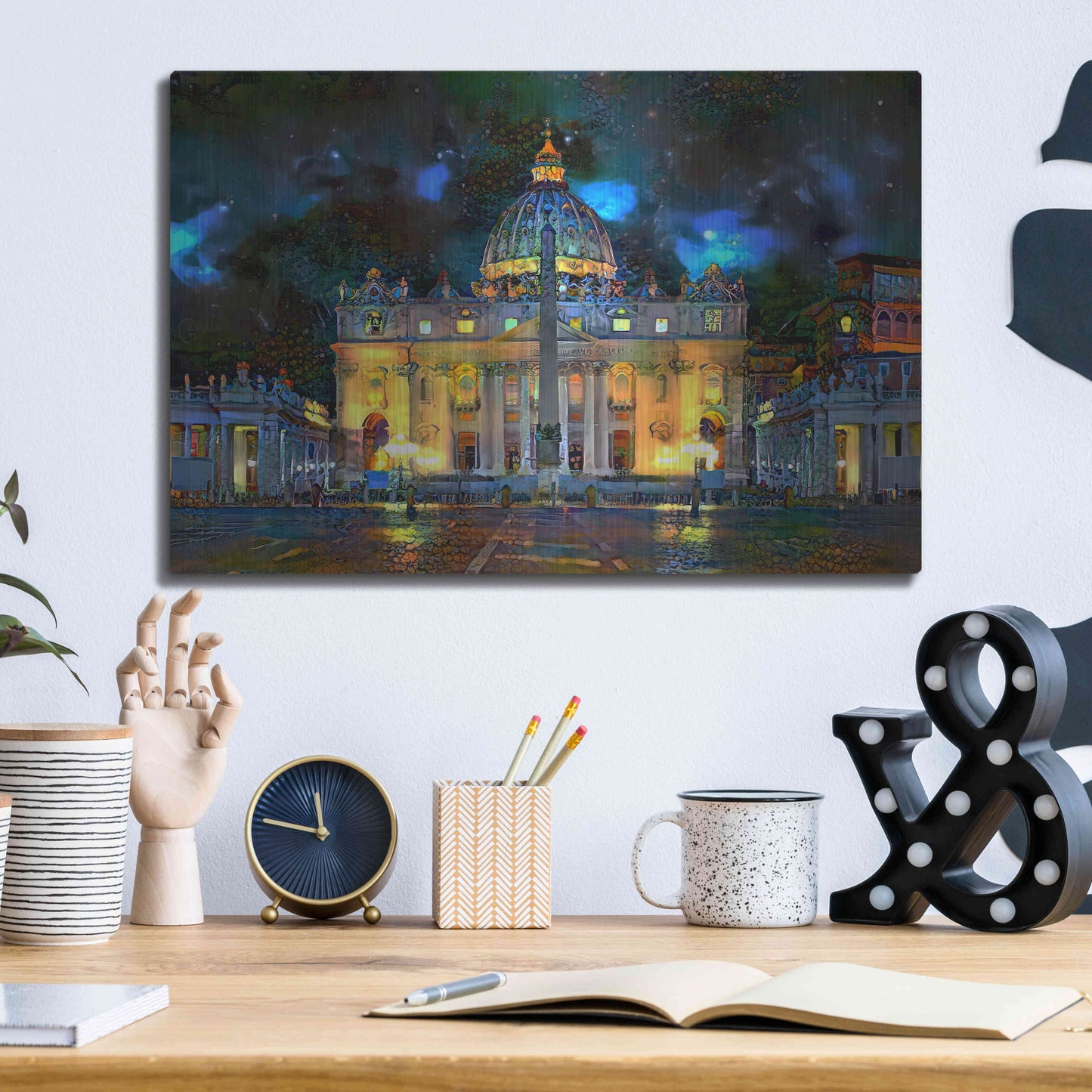 Luxe Metal Art 'Vatican City Saint Peter Basilica at night' by Pedro Gavidia, Metal Wall Art,16x12