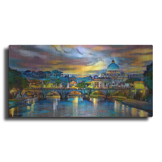 Luxe Metal Art 'Vatican City Saint Peter Basilica and bridge by night' by Pedro Gavidia, Metal Wall Art