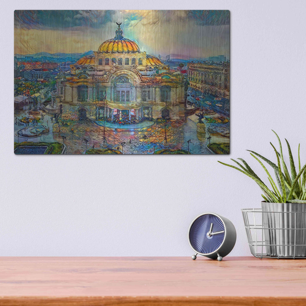 Luxe Metal Art 'Mexico City Palace of Fine Arts in the rain' by Pedro Gavidia, Metal Wall Art,16x12